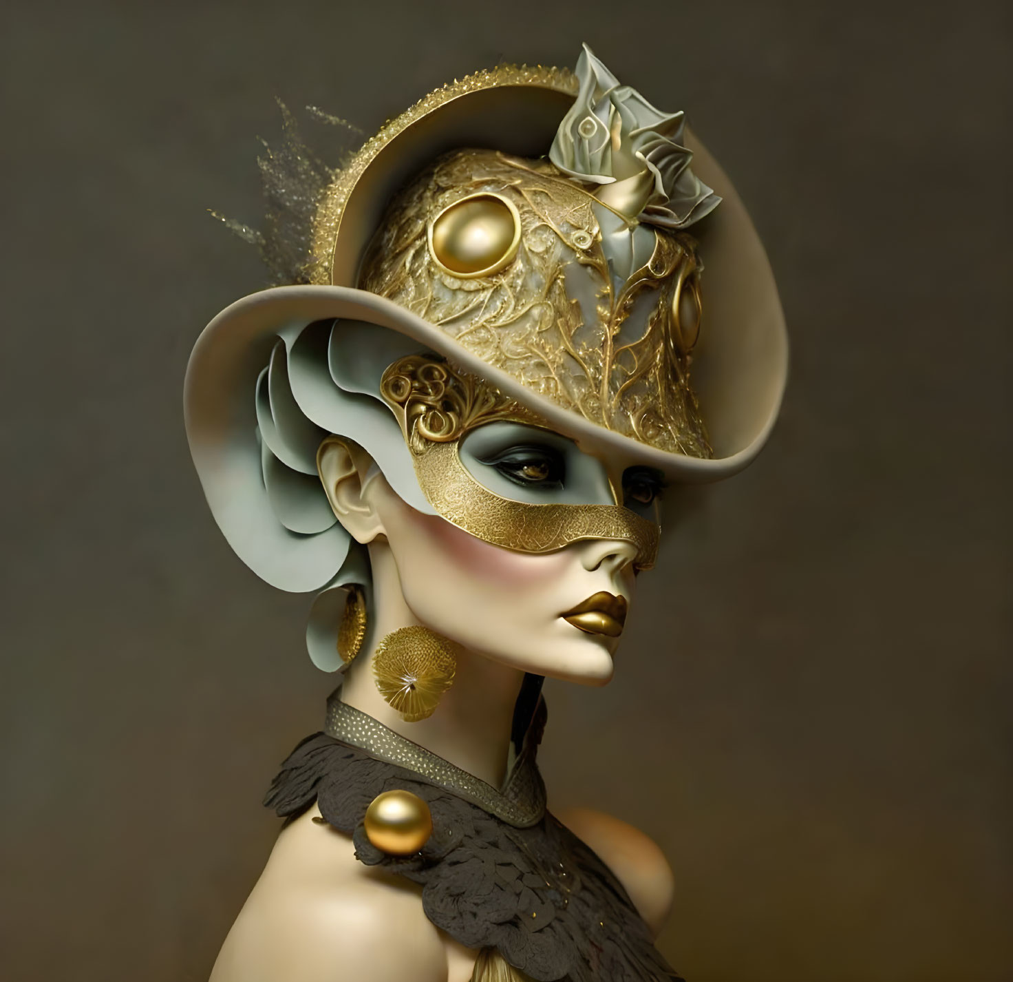 Gold-themed steampunk mask and hat with ornate details, goggles, rose, choker,