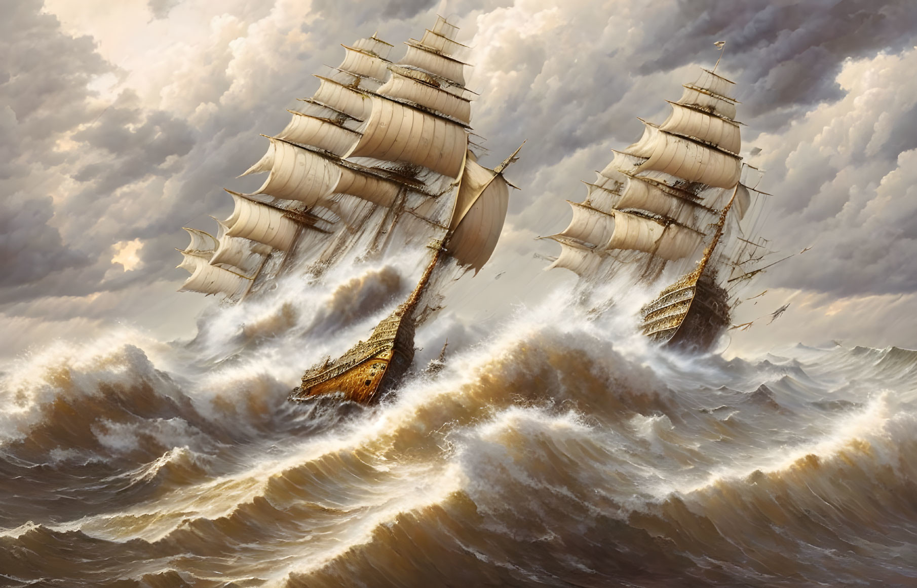 Majestic sailing ships in tumultuous seas with full sails