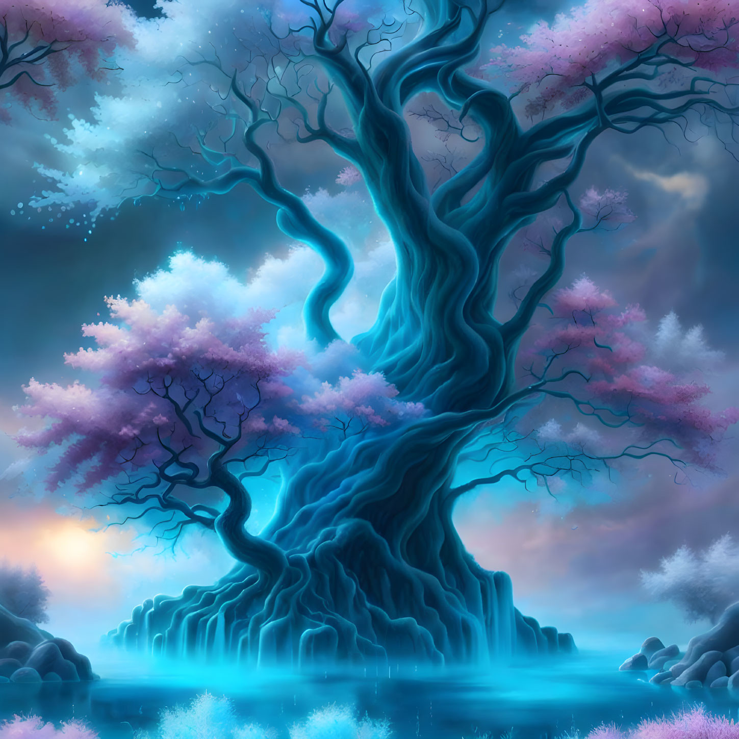 Twisted tree with pink blossoms by serene waterfall at twilight