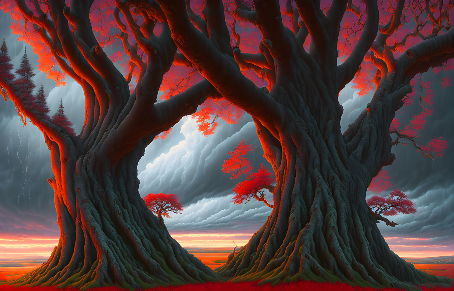 Twin trees with intertwining trunks, fiery red leaves, mystical dusk atmosphere