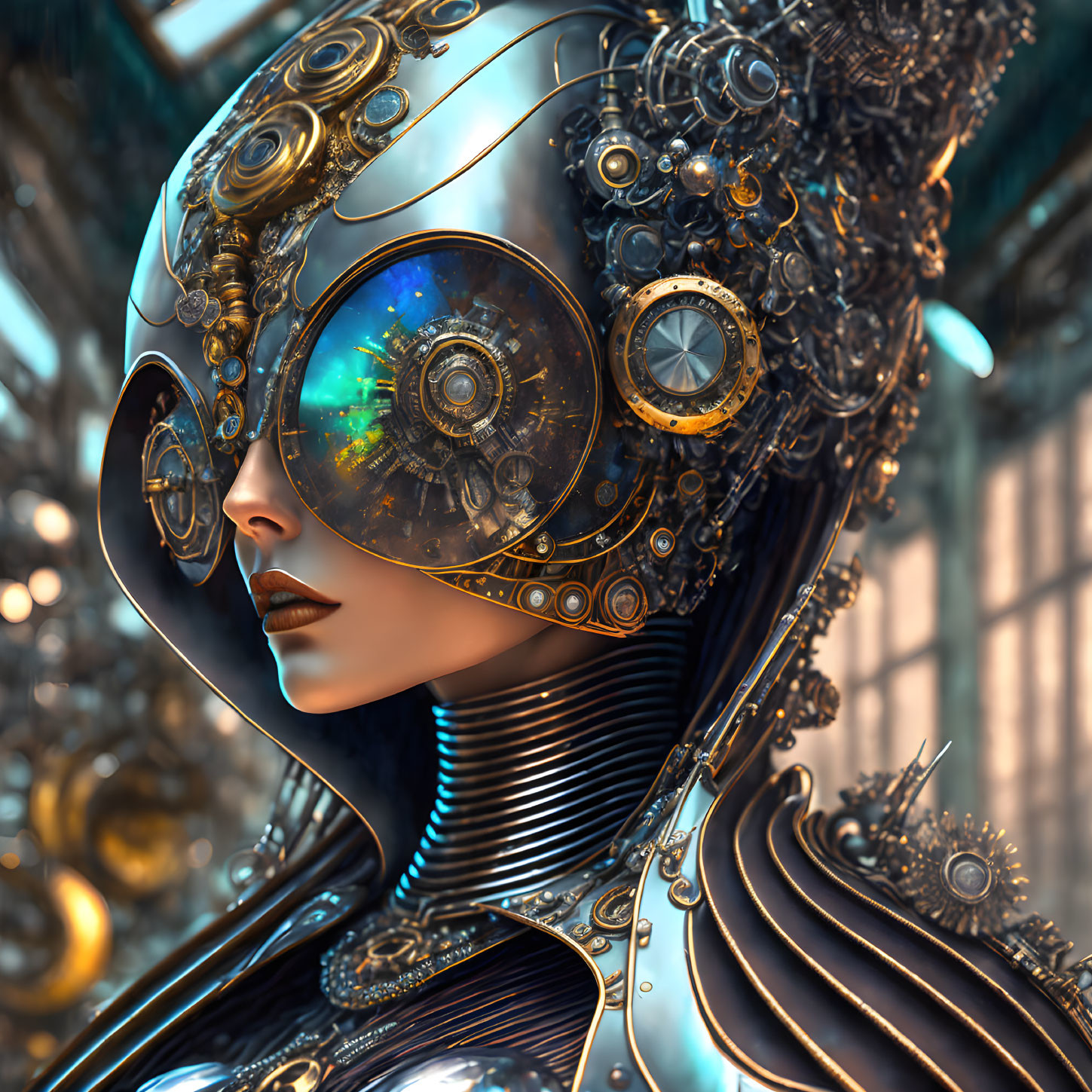 Detailed Female Cyborg with Ornate Headgear and Eye Mechanism in Futuristic Setting