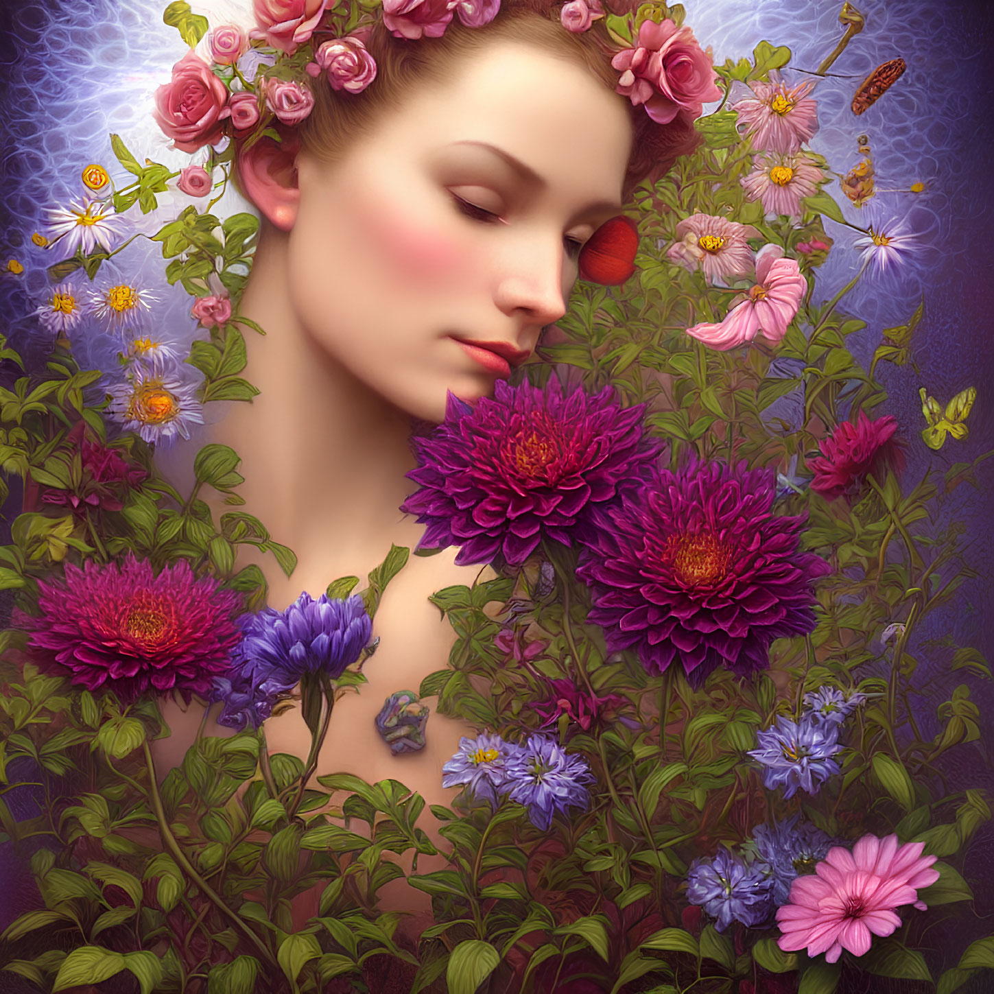 Portrait of serene woman with vibrant flowers and bee.