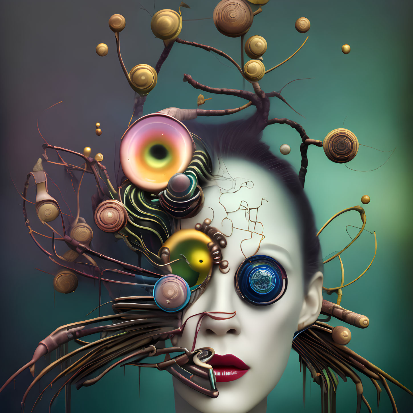 Abstract surreal portrait with mechanical eyes and dreamlike atmosphere