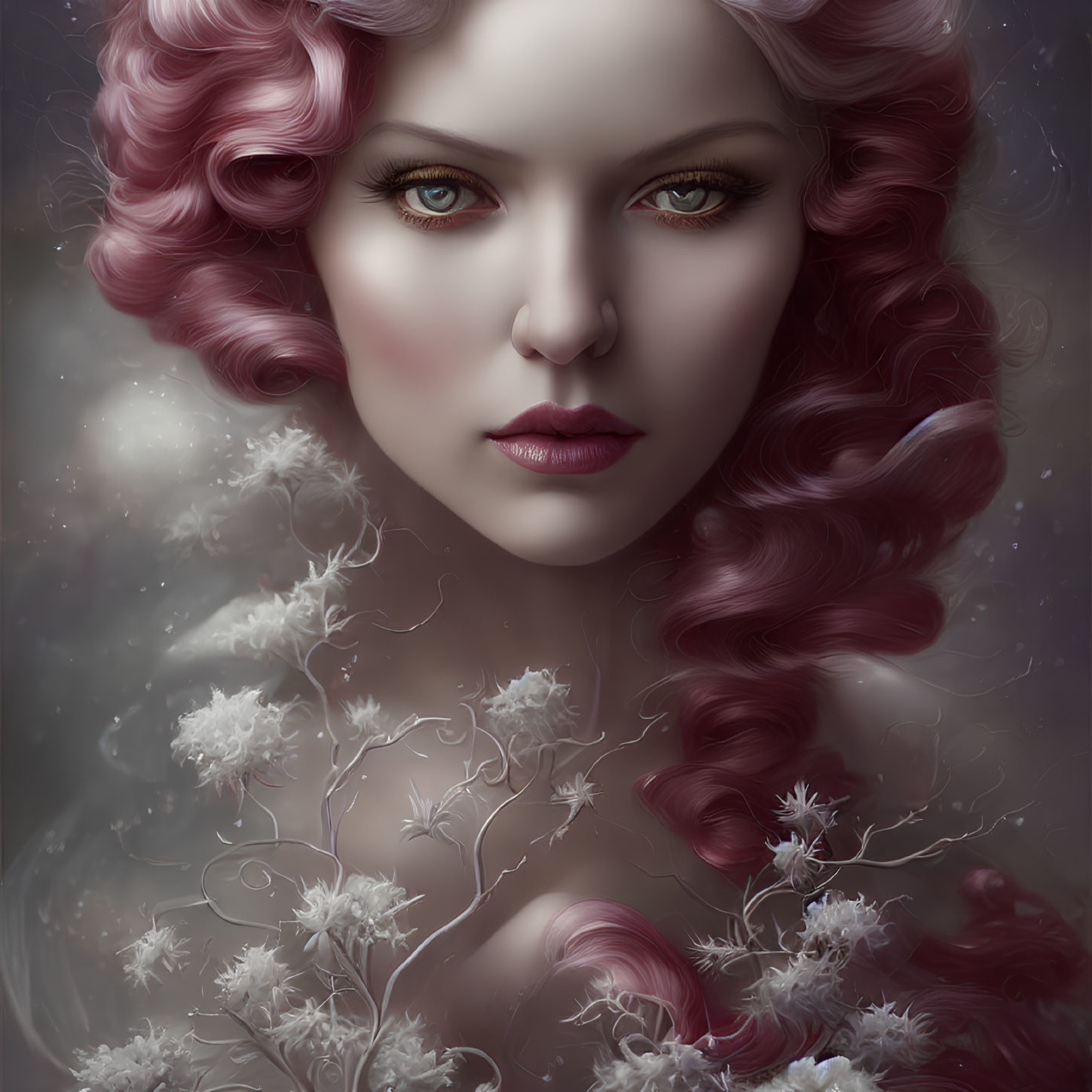 Digital portrait of woman with pink curly hair, blue eyes, dark lipstick, and white flowers.