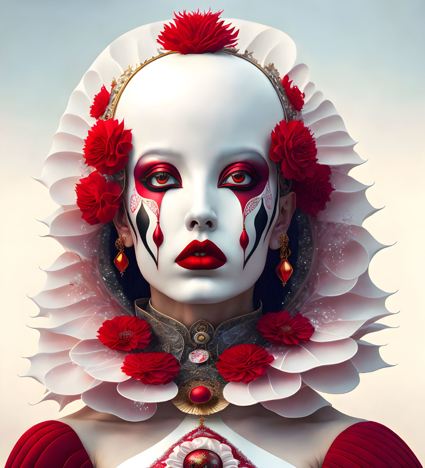 Pale figure with red and white makeup in ruffled collar and red flowers portrait.