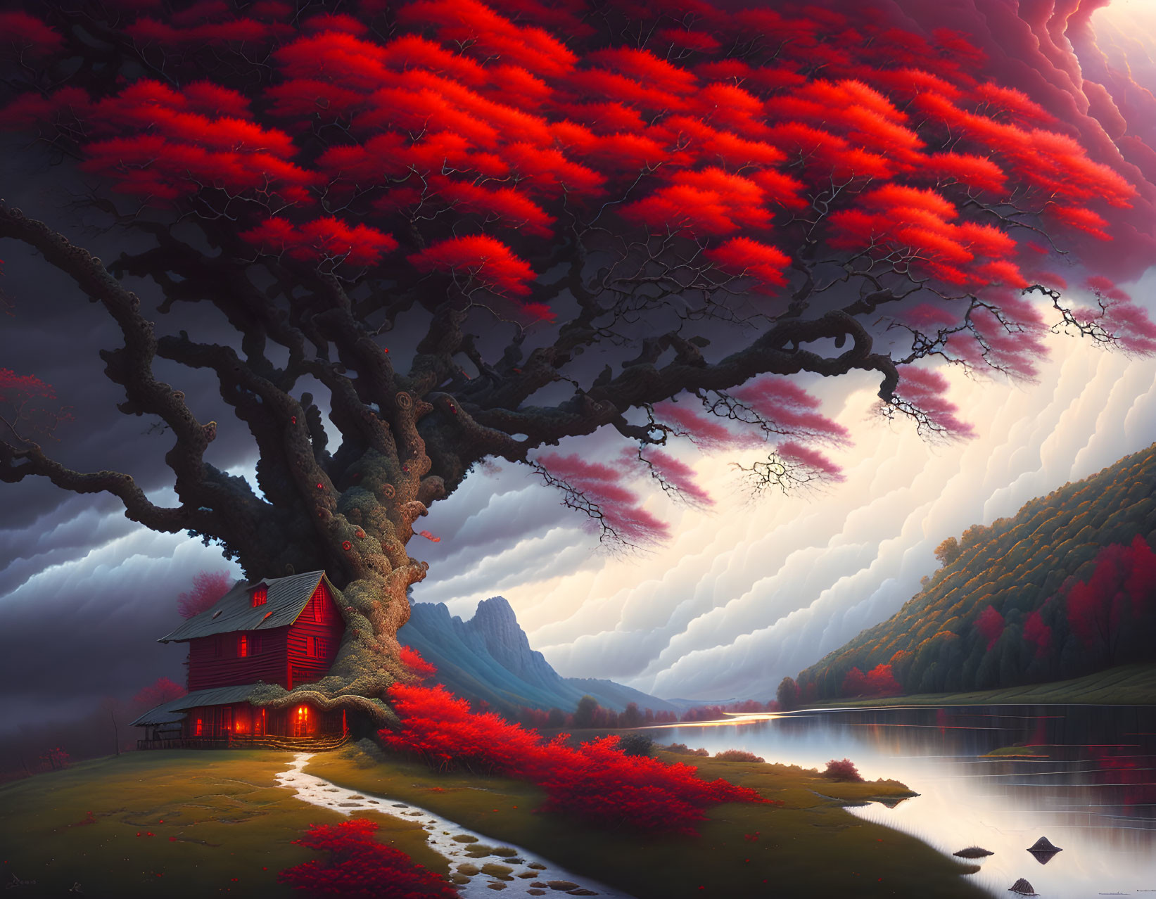 Red-roofed cabin near lake with red leaves, hills, and dramatic sky