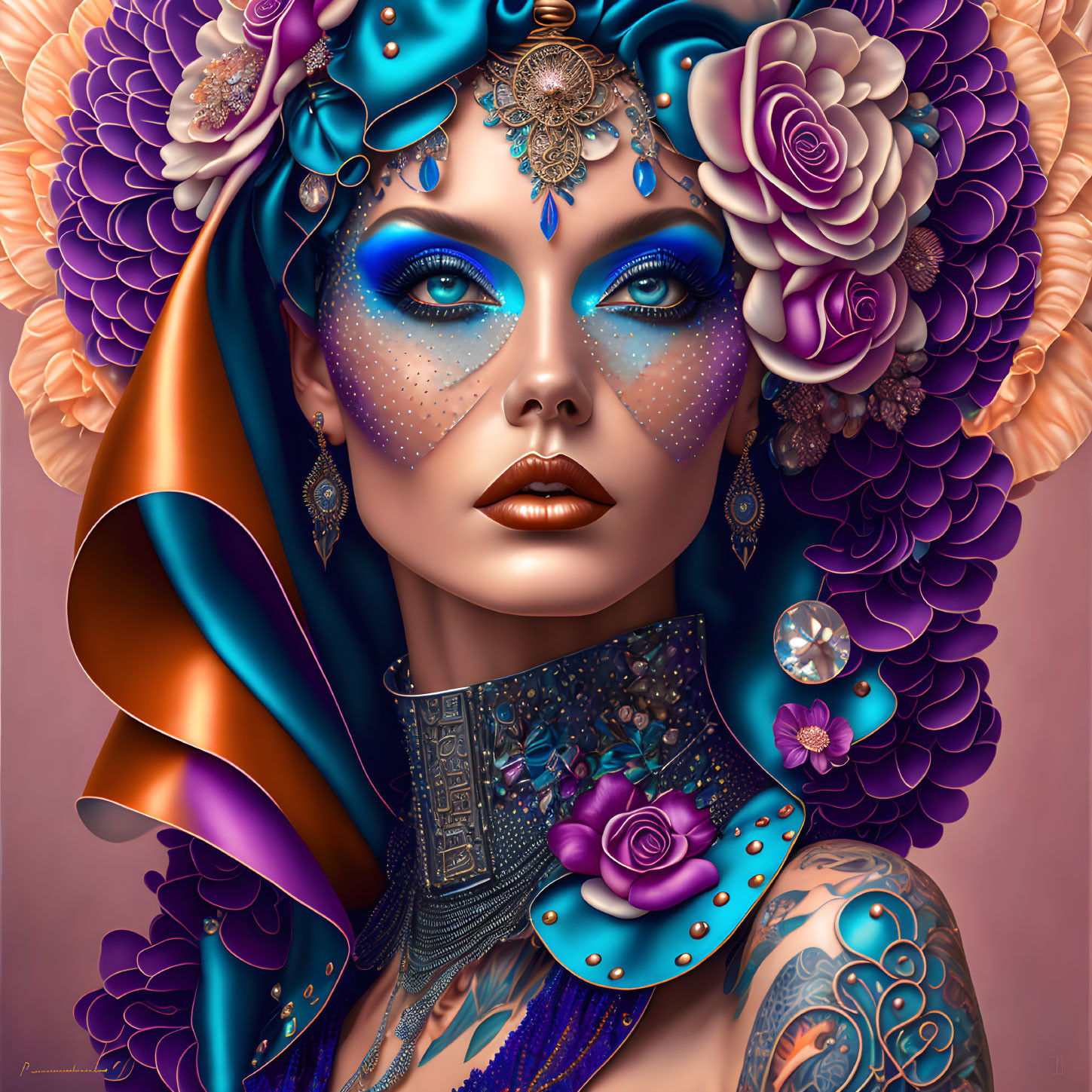 Fantasy woman illustration with blue skin, ornate jewelry, floral headpiece, and body tattoos in