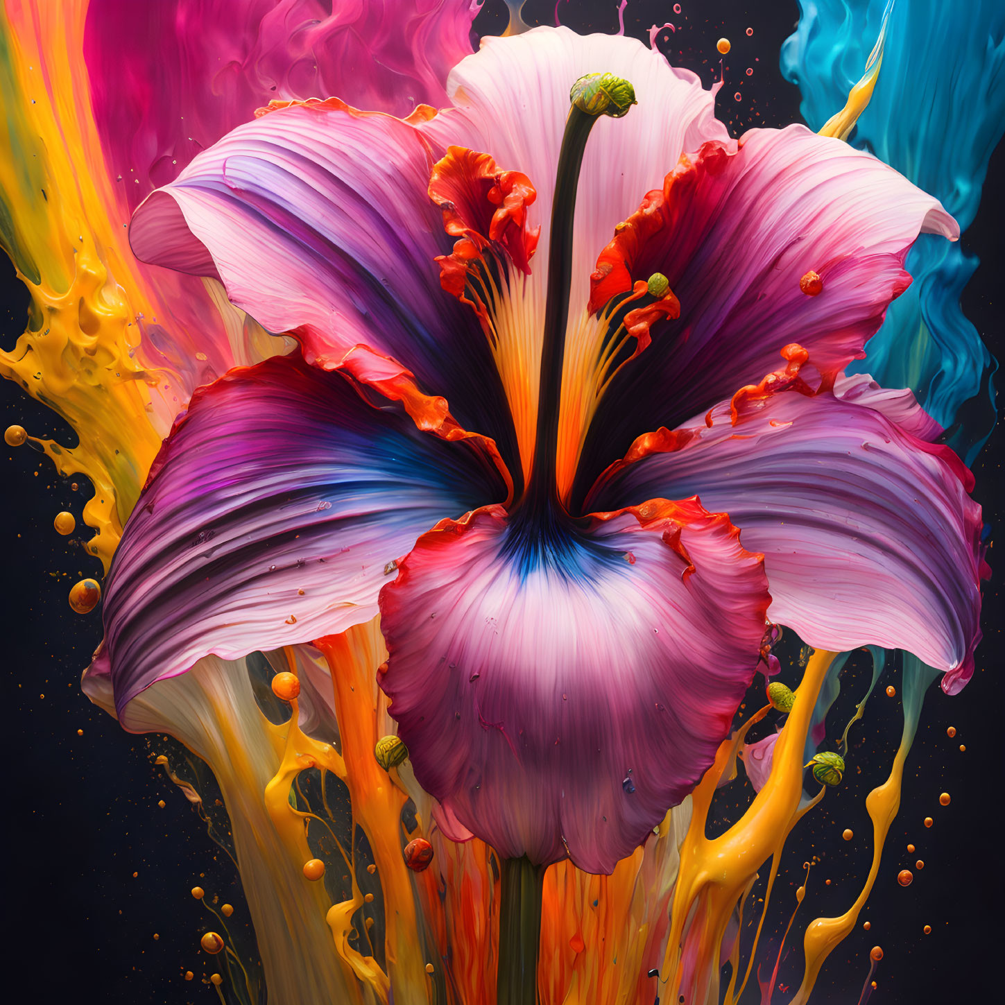 Colorful flower painting with pink and blue petals and dynamic paint splashes