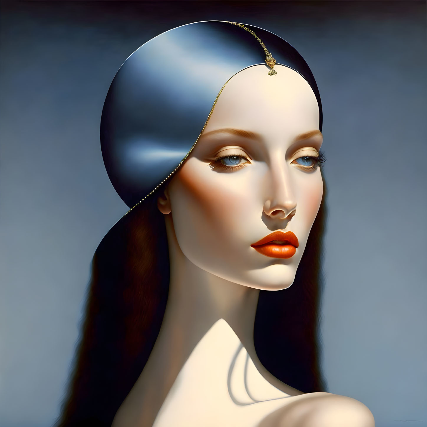 Hyperrealistic Painting of Woman with Smooth Skin and Striking Red Lips