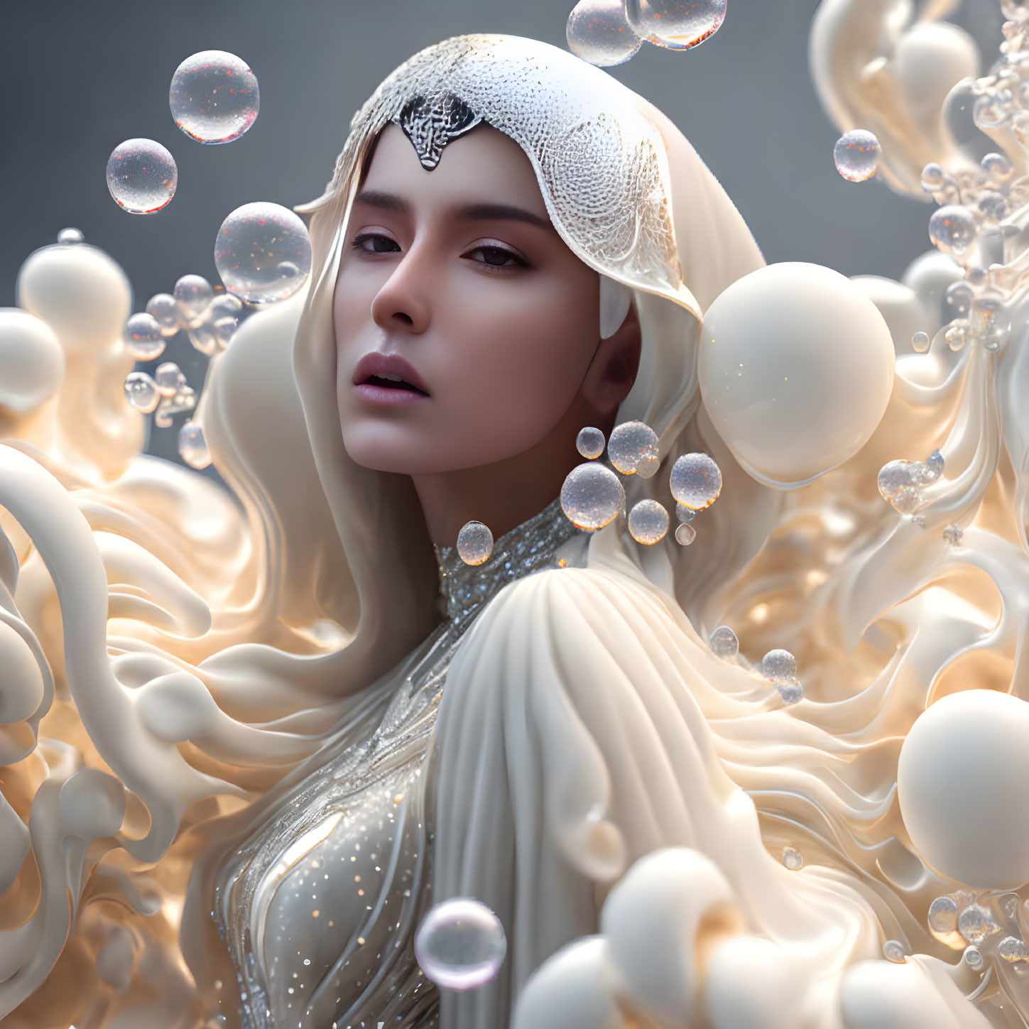 Pale-skinned woman in embellished headpiece surrounded by bubbles and fluid shapes