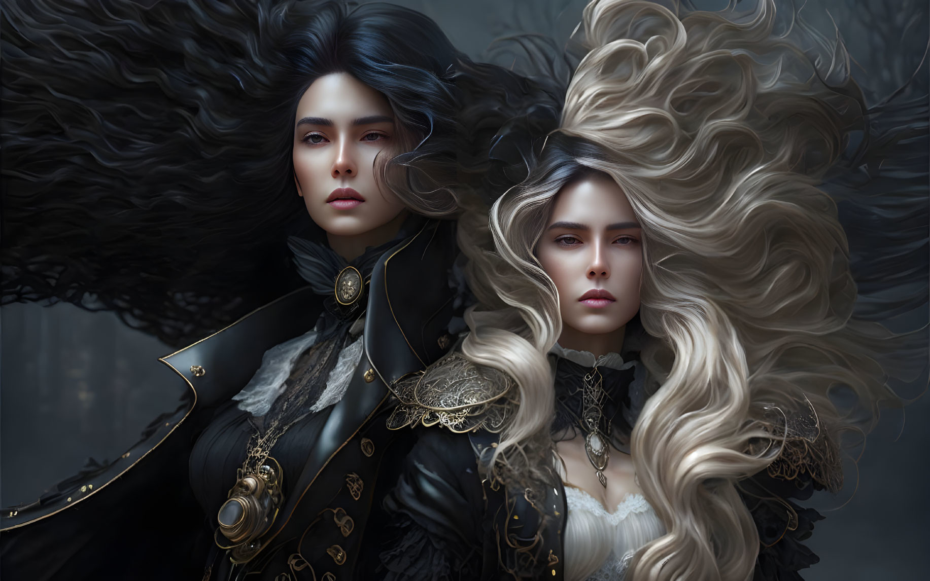 Two women with flowing dark and light hair in ornate, mystical attire