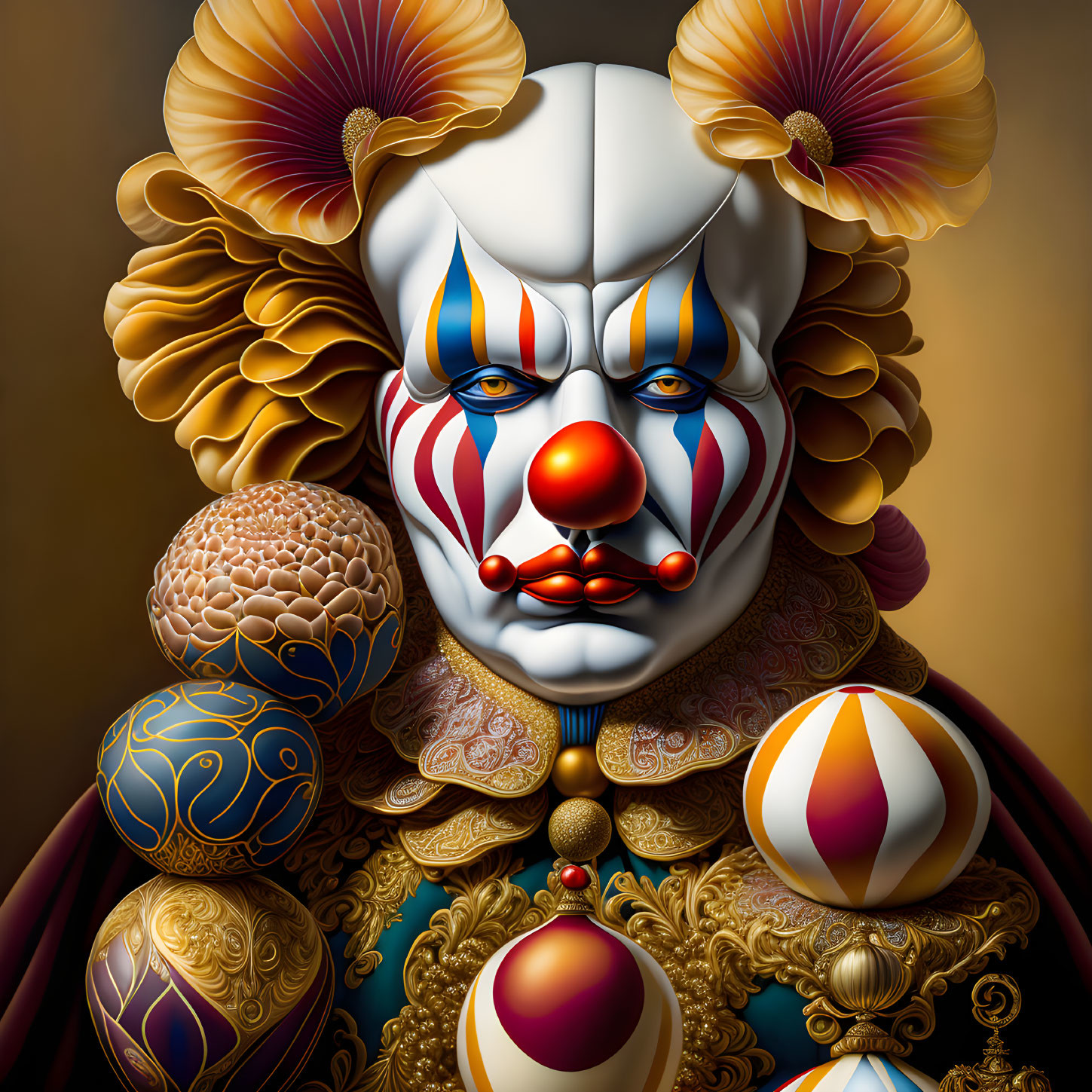 Detailed colorful clown artwork with intricate patterns and ornate costume elements