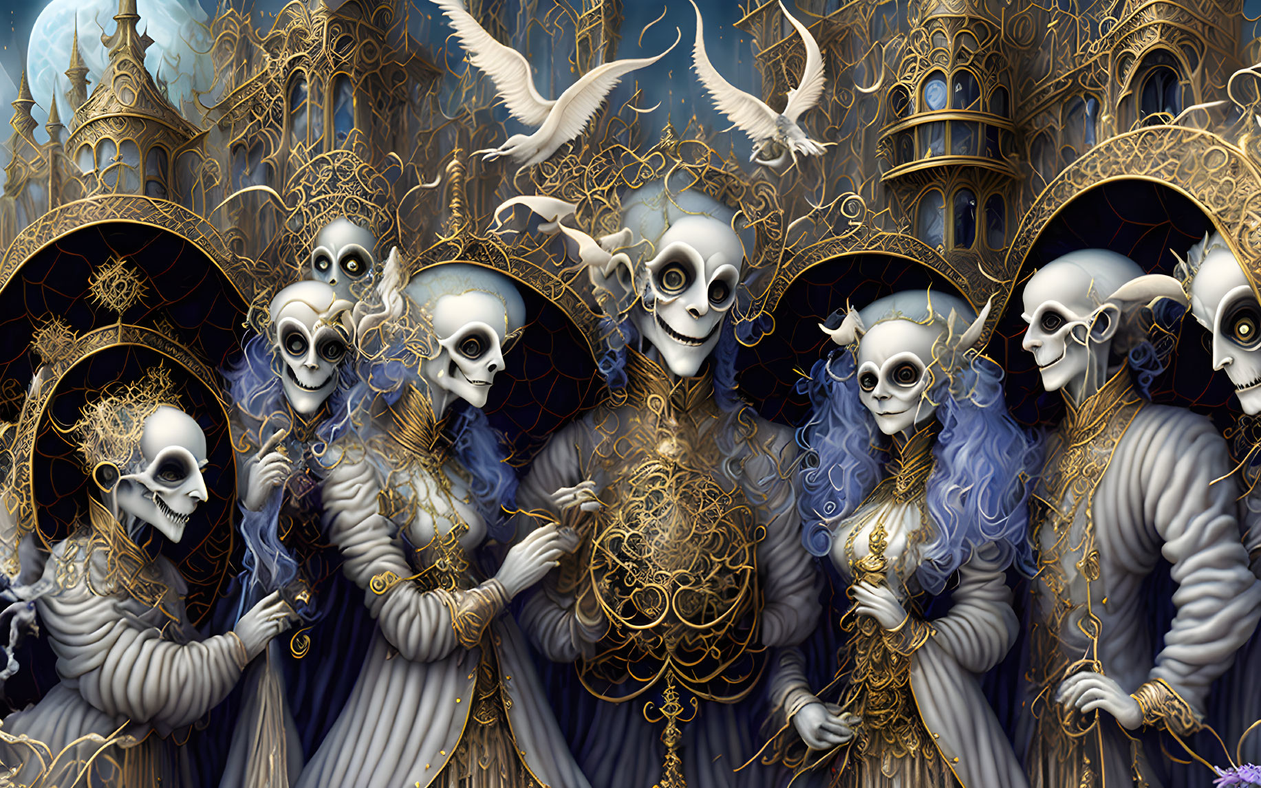 Fantasy Artwork: Skeletal Figures in Ornate Attire with Blue Hair, Golden Architecture,