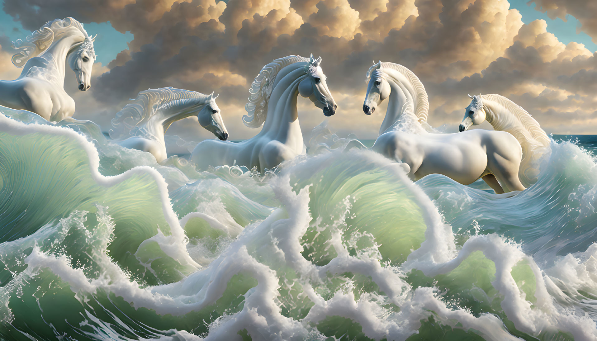 Ethereal white horses emerge from ocean waves under dramatic sky