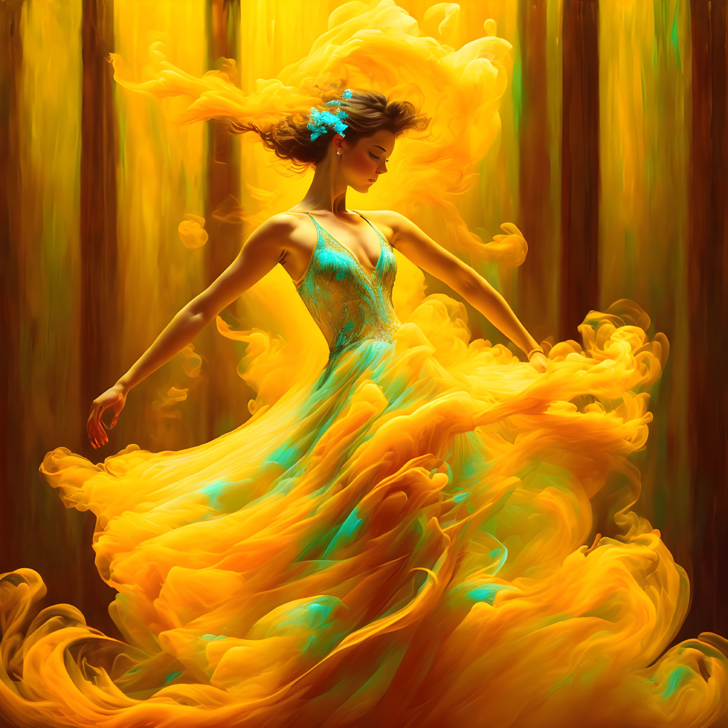 Flowing dress dancer blends with vivid flame-like patterns in abstract forest setting