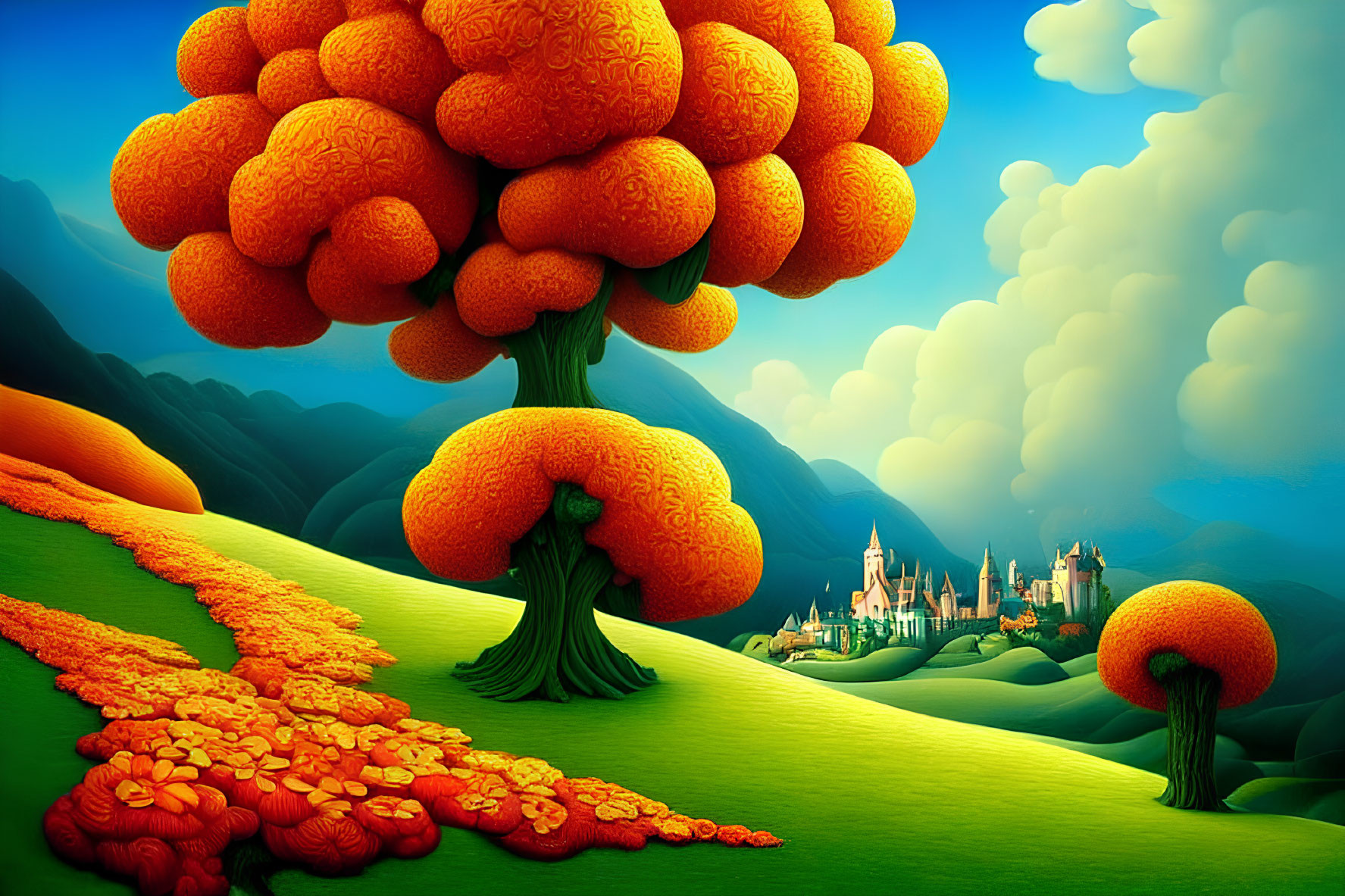 Surreal landscape with orange trees, flower path, and distant castle