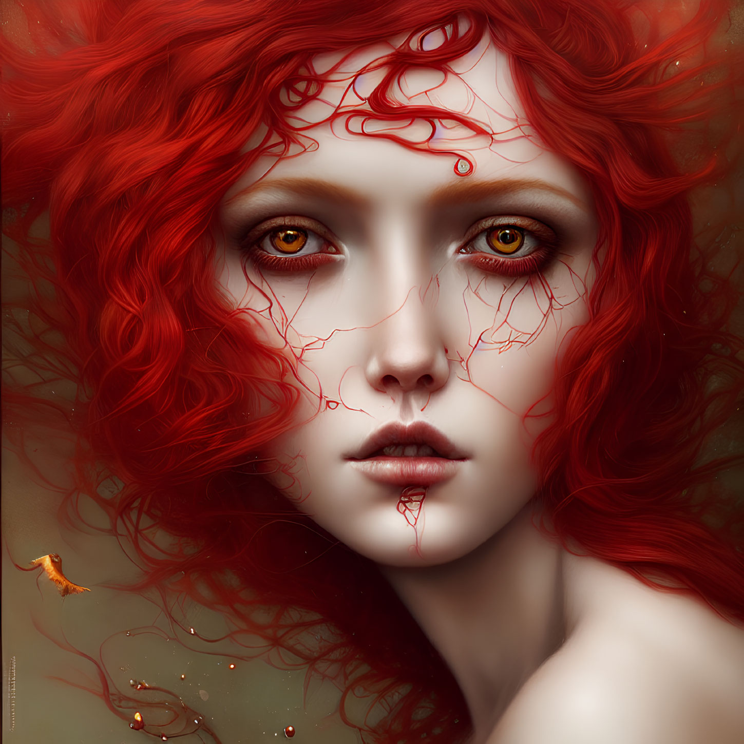 Digital artwork featuring female figure with red hair and golden eyes