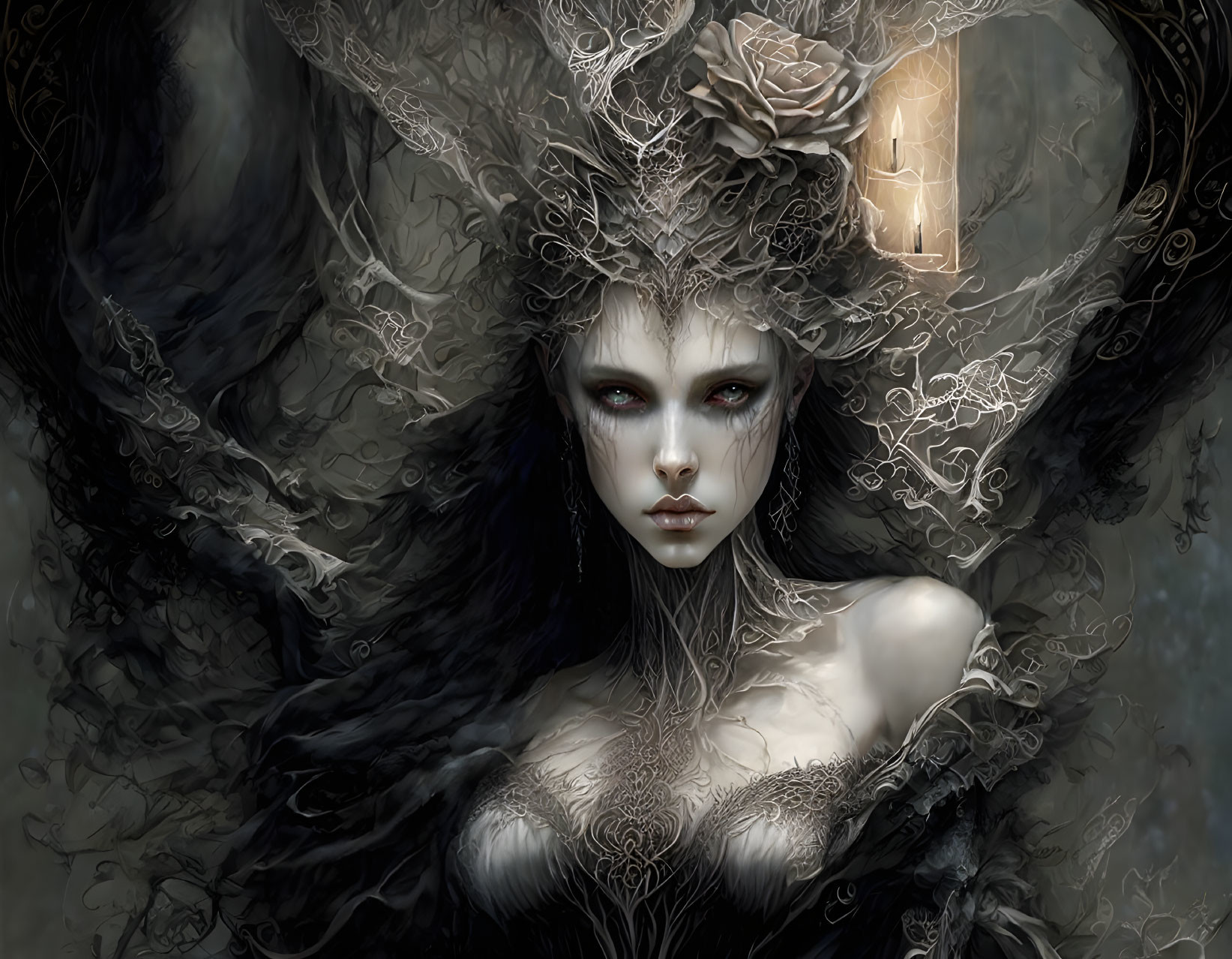 Dark-haired female figure in gothic fantasy attire with piercing eyes and intricate headdress.