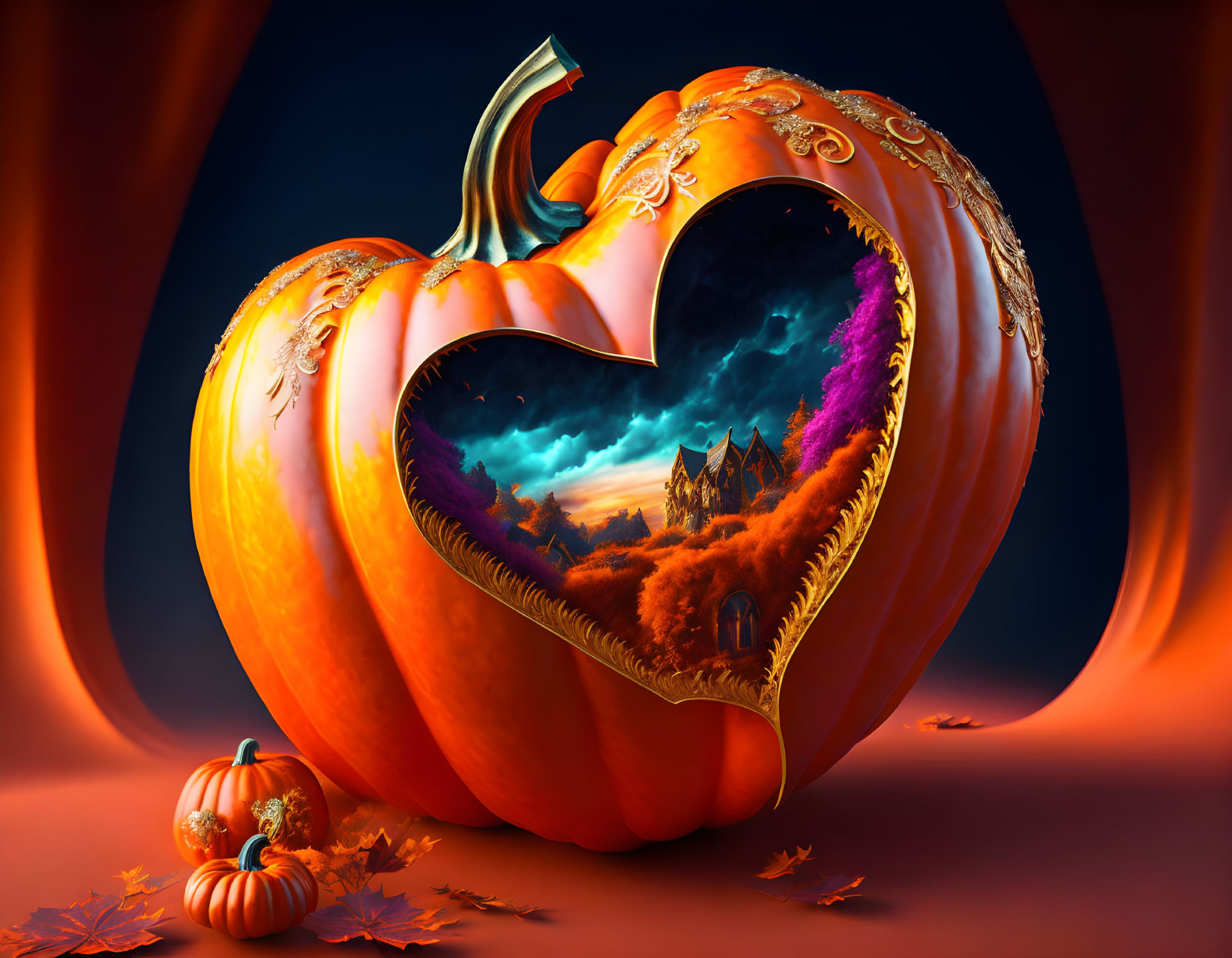 Heart-shaped Pumpkin with Spooky House Night Scene and Autumn Leaves