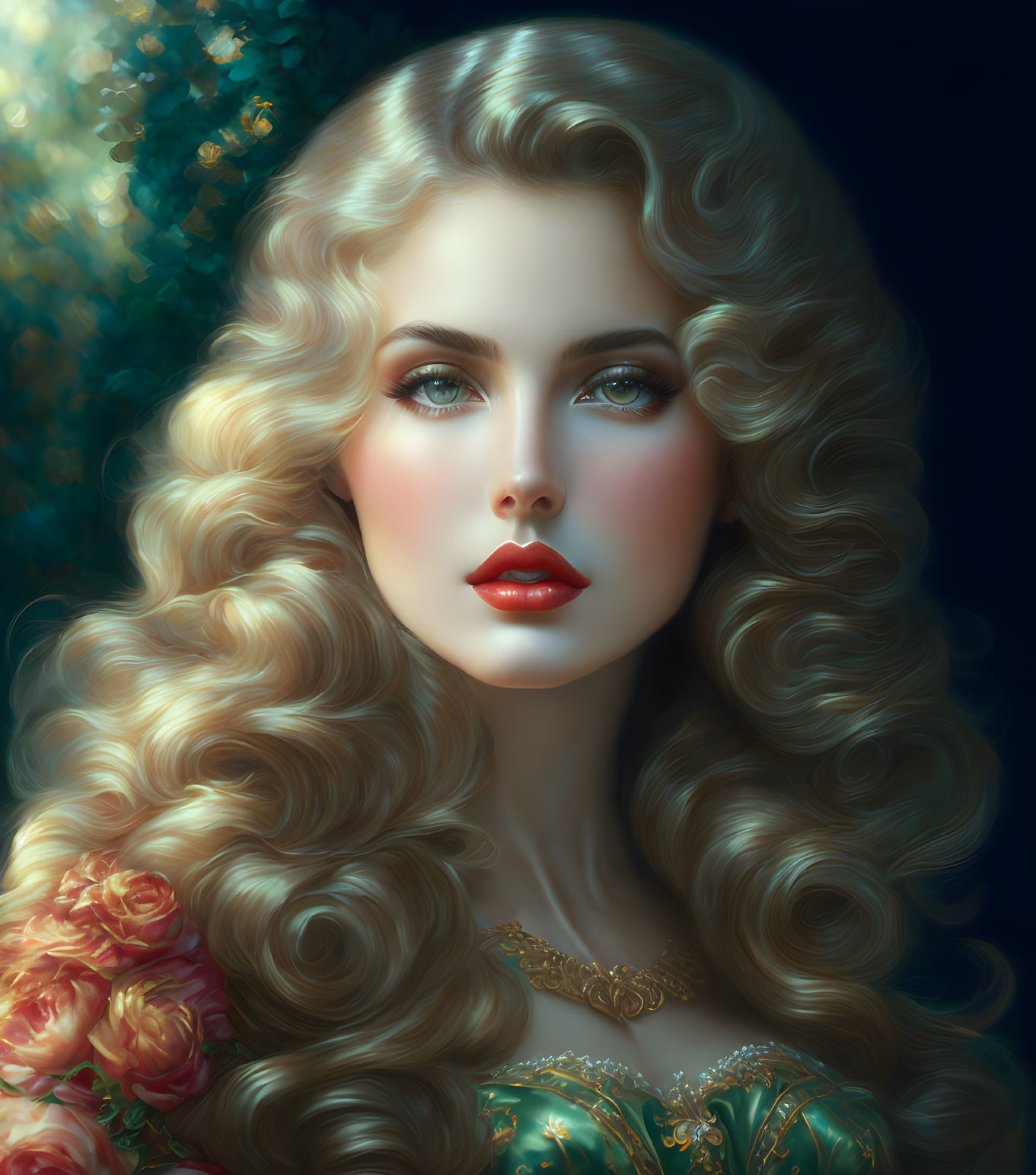 Illustrated woman with curly blonde hair, blue eyes, red lips, in golden dress among pink roses