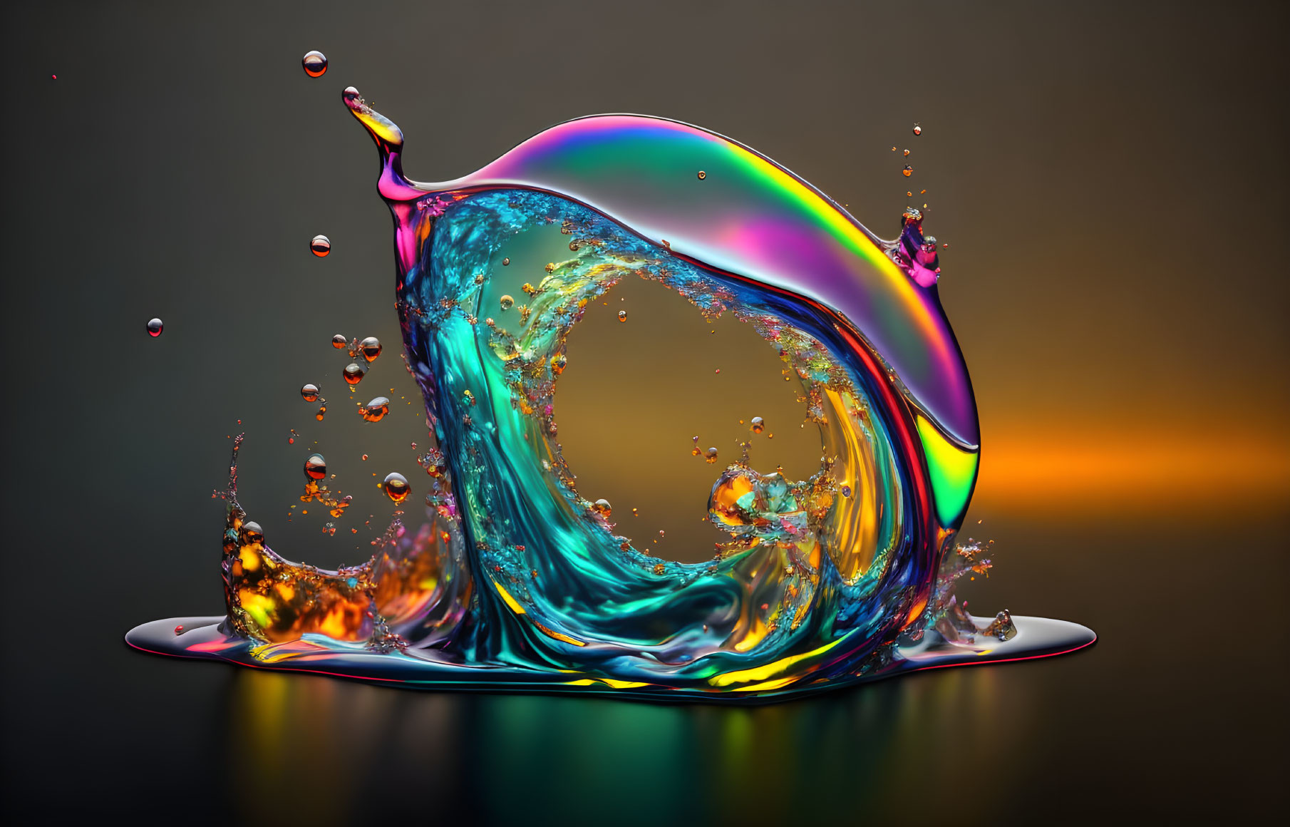 Vibrant liquid splash swirls and droplets on dark background