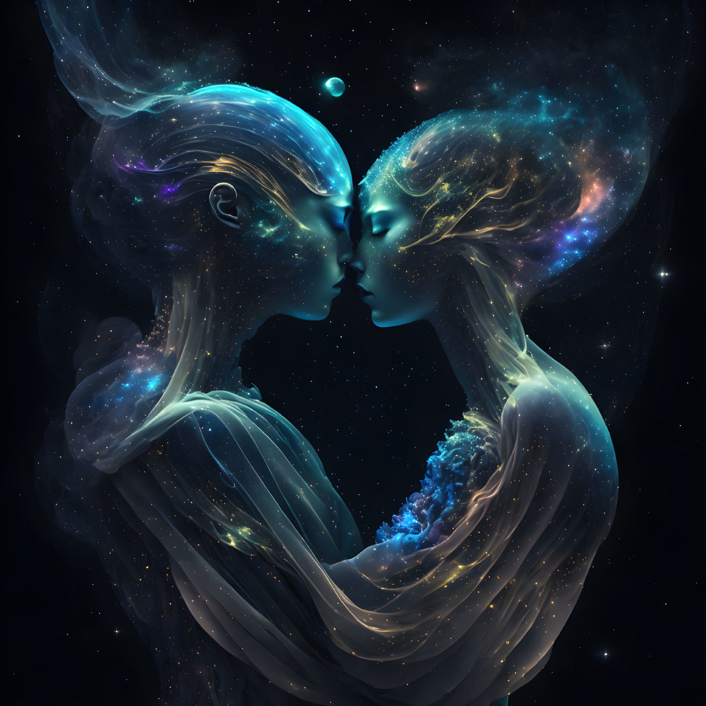 Ethereal cosmic man and woman embrace in tender kiss amid starry space.