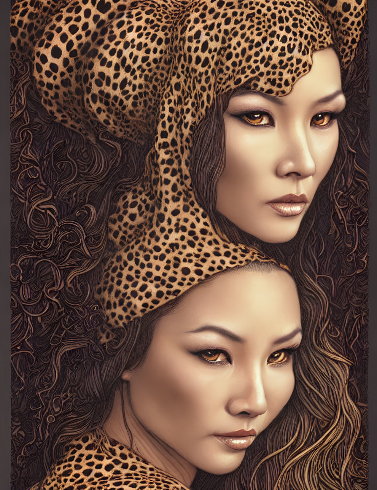 Illustration of two women in leopard print head-wear with intense gazes and intricate background patterns