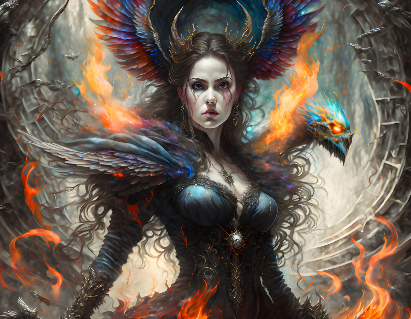 Fantasy illustration of a woman with fiery wings, dark armor, intense gaze, surrounded by flames.