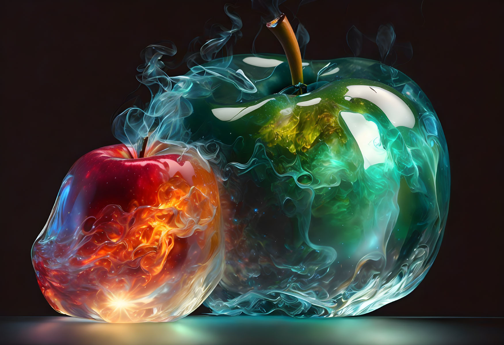 Vividly Colored Apples Emitting Smoke on Reflective Surface