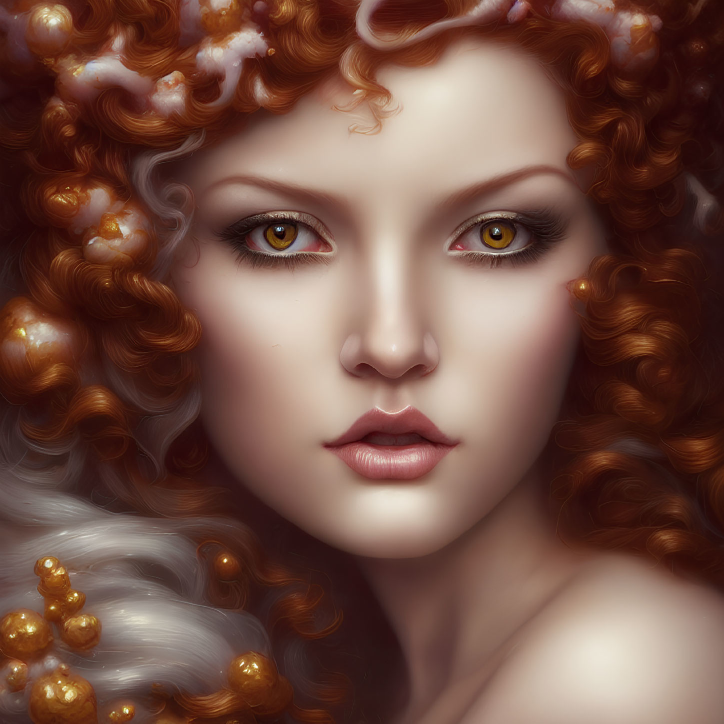 Portrait of a woman with auburn hair, fair skin, and amber eyes adorned with pearls and