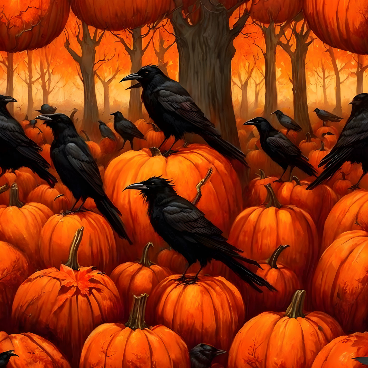 Black crows on orange pumpkins with autumn trees in fiery orange.