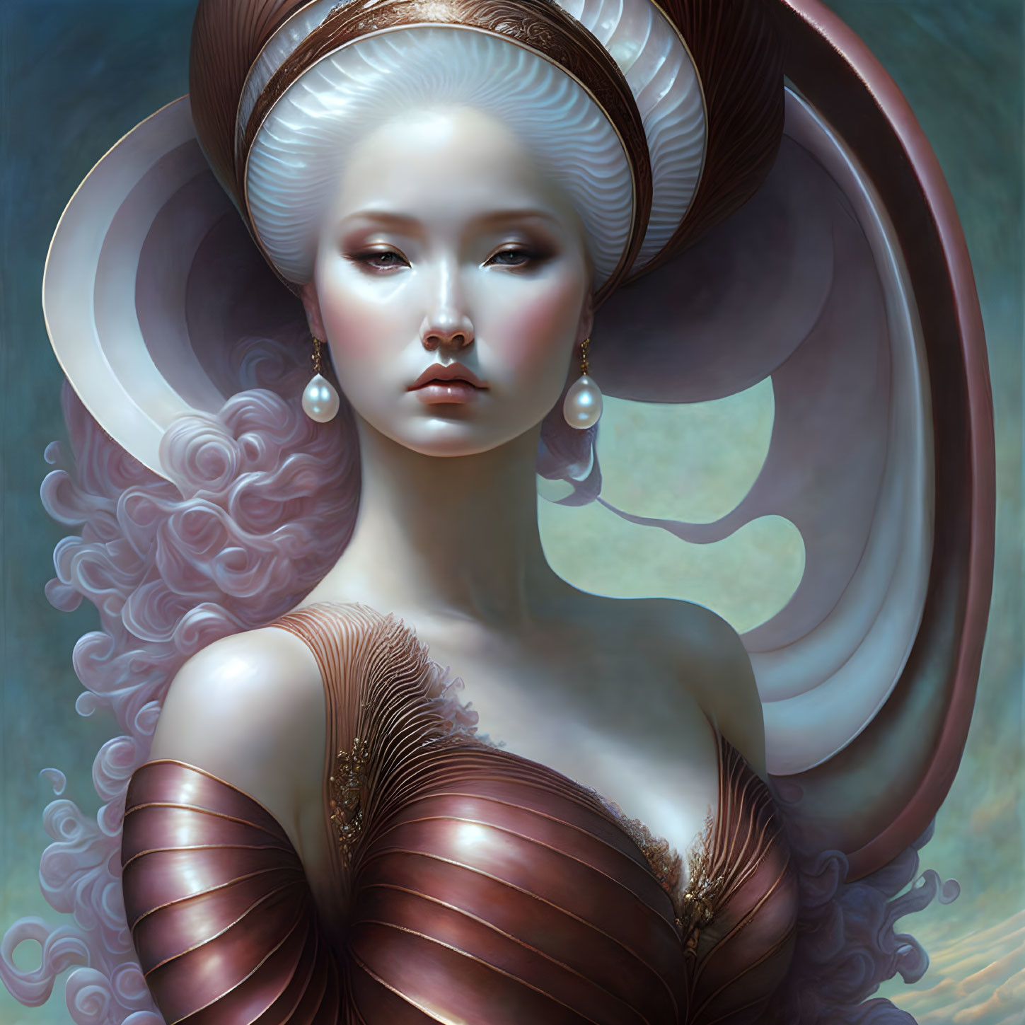 Ethereal female figure with ornate headdress and elegant gown against pastel backdrop