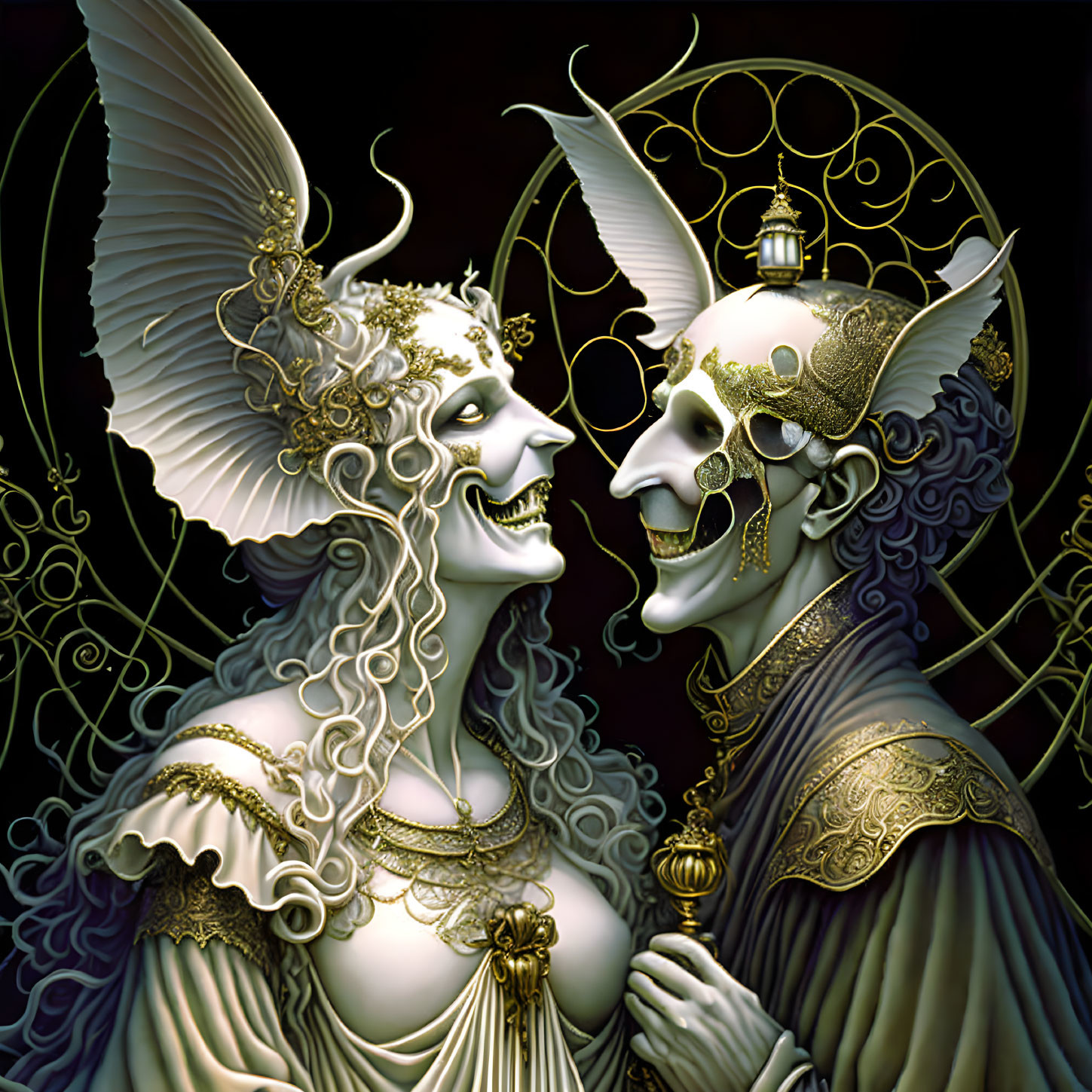 Surreal gothic artwork with ornate skull-faced figures