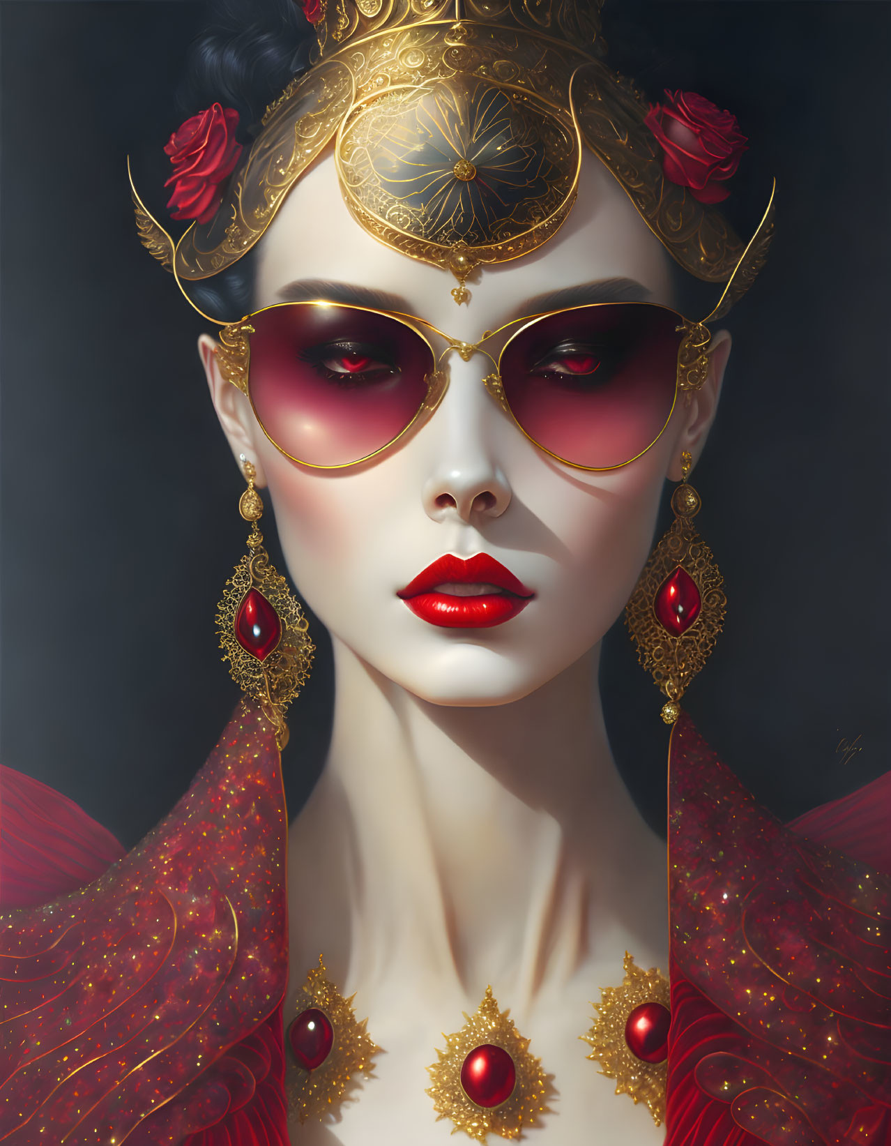 Detailed illustration of woman in gold headpiece, red sunglasses, ruby earrings, and cape