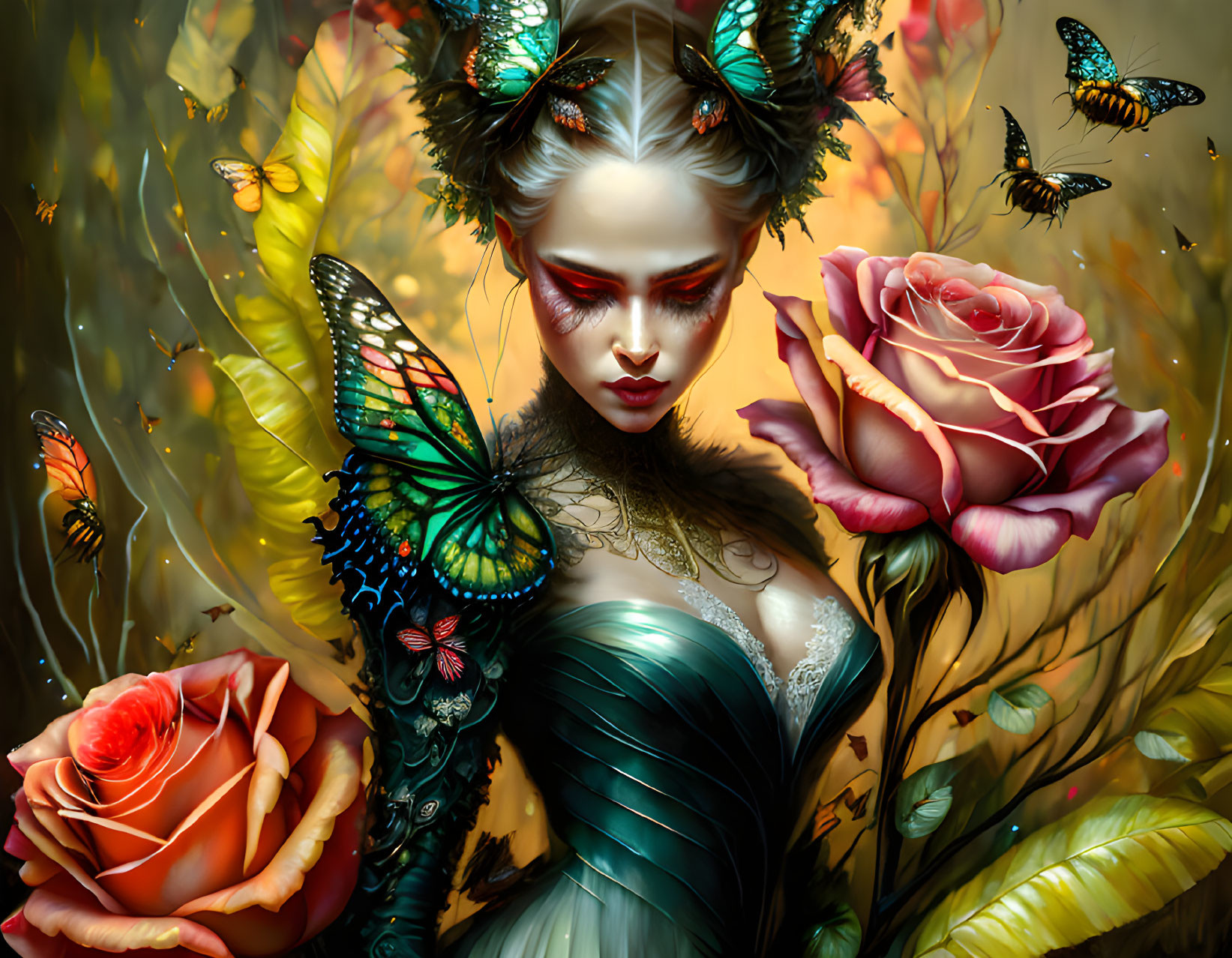 Fantasy portrait of woman with butterfly wings and roses