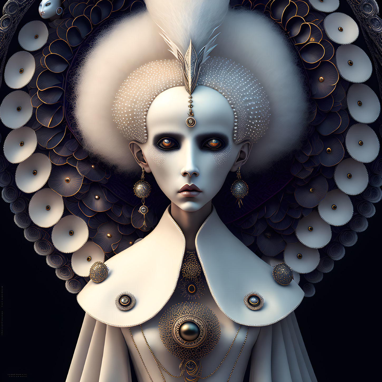 Surreal portrait featuring figure with pale skin and elaborate headdress