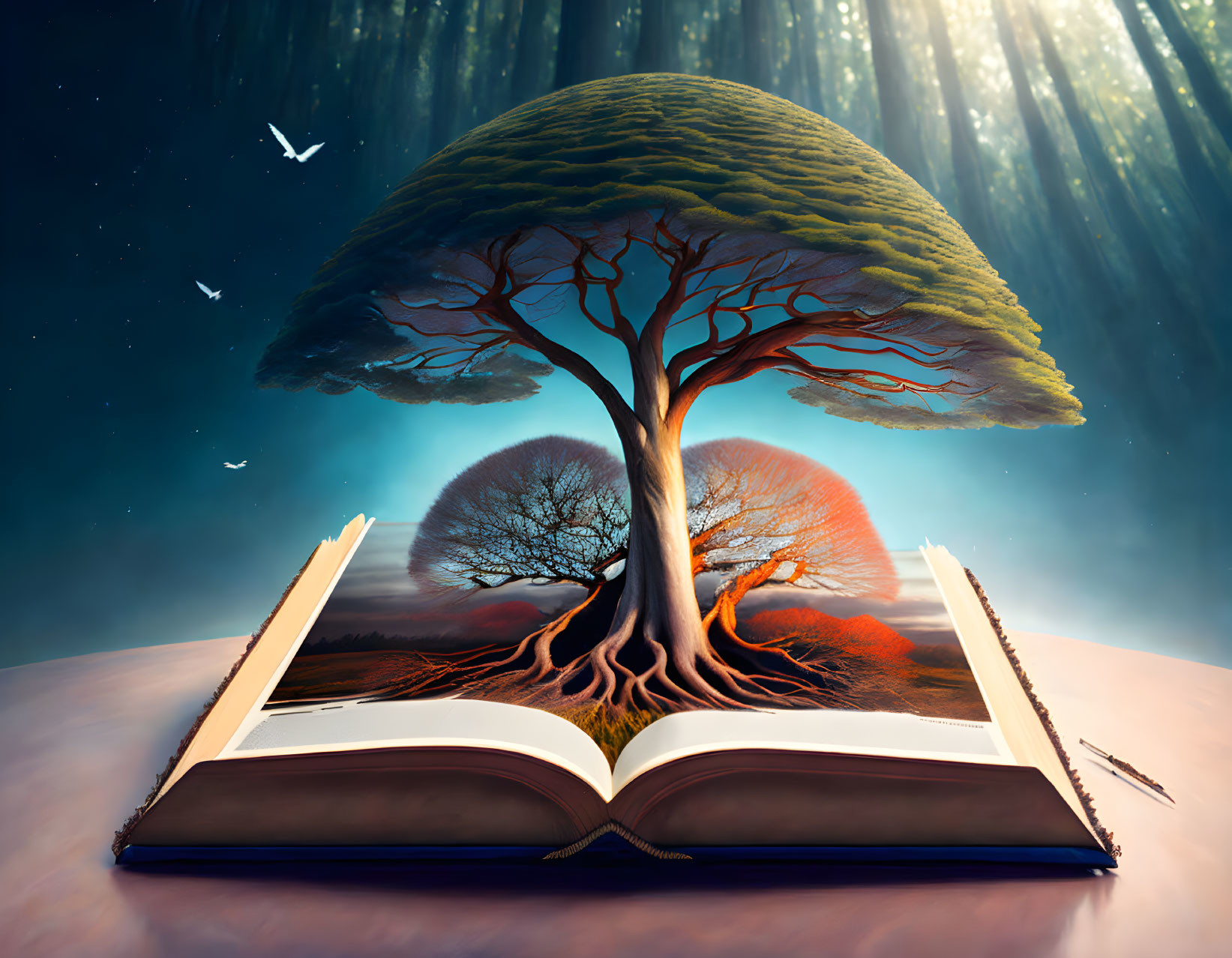 Illustration of vibrant tree growing from open book on desk