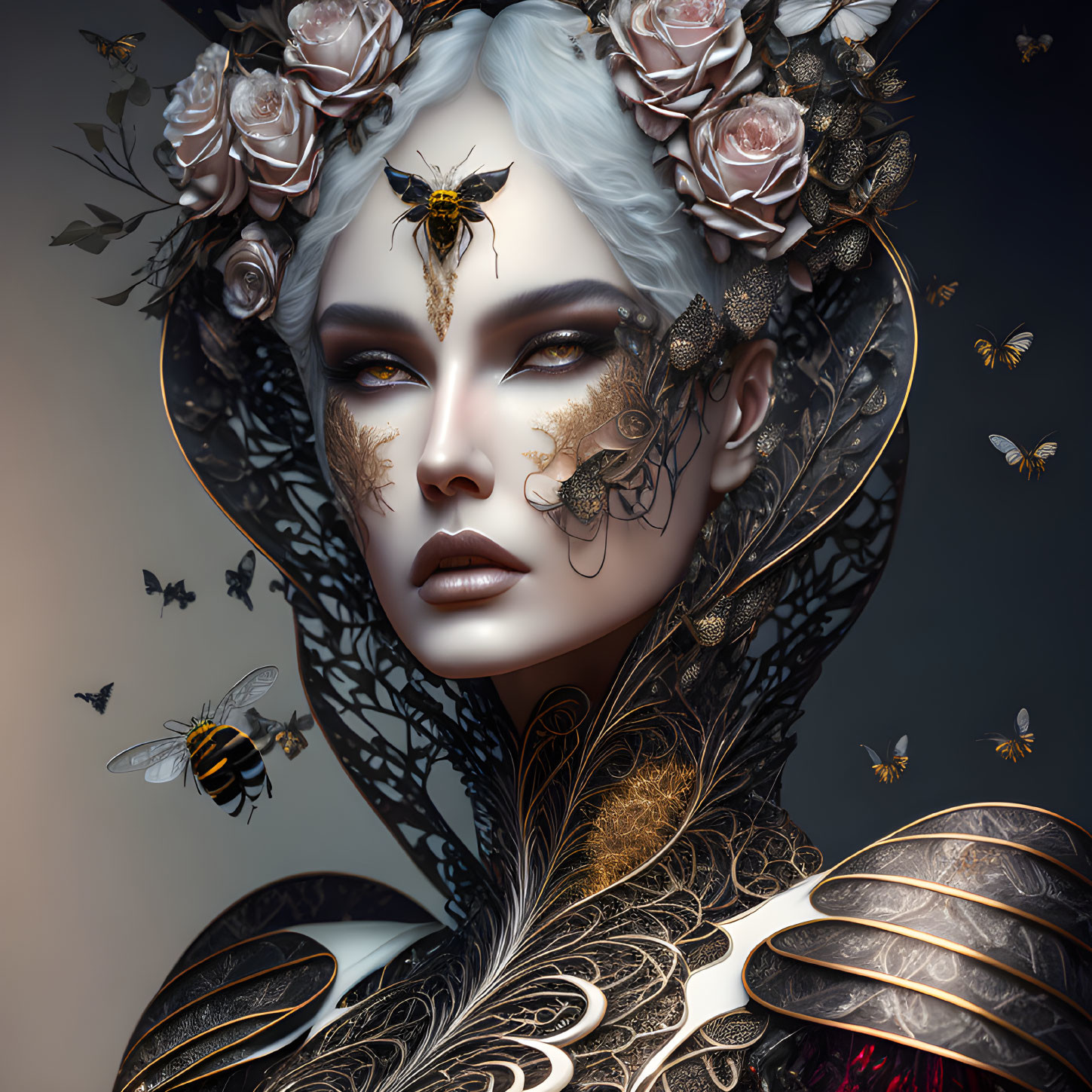 Fantasy portrait with white hair, roses, bees, golden facial designs, black & gold attire