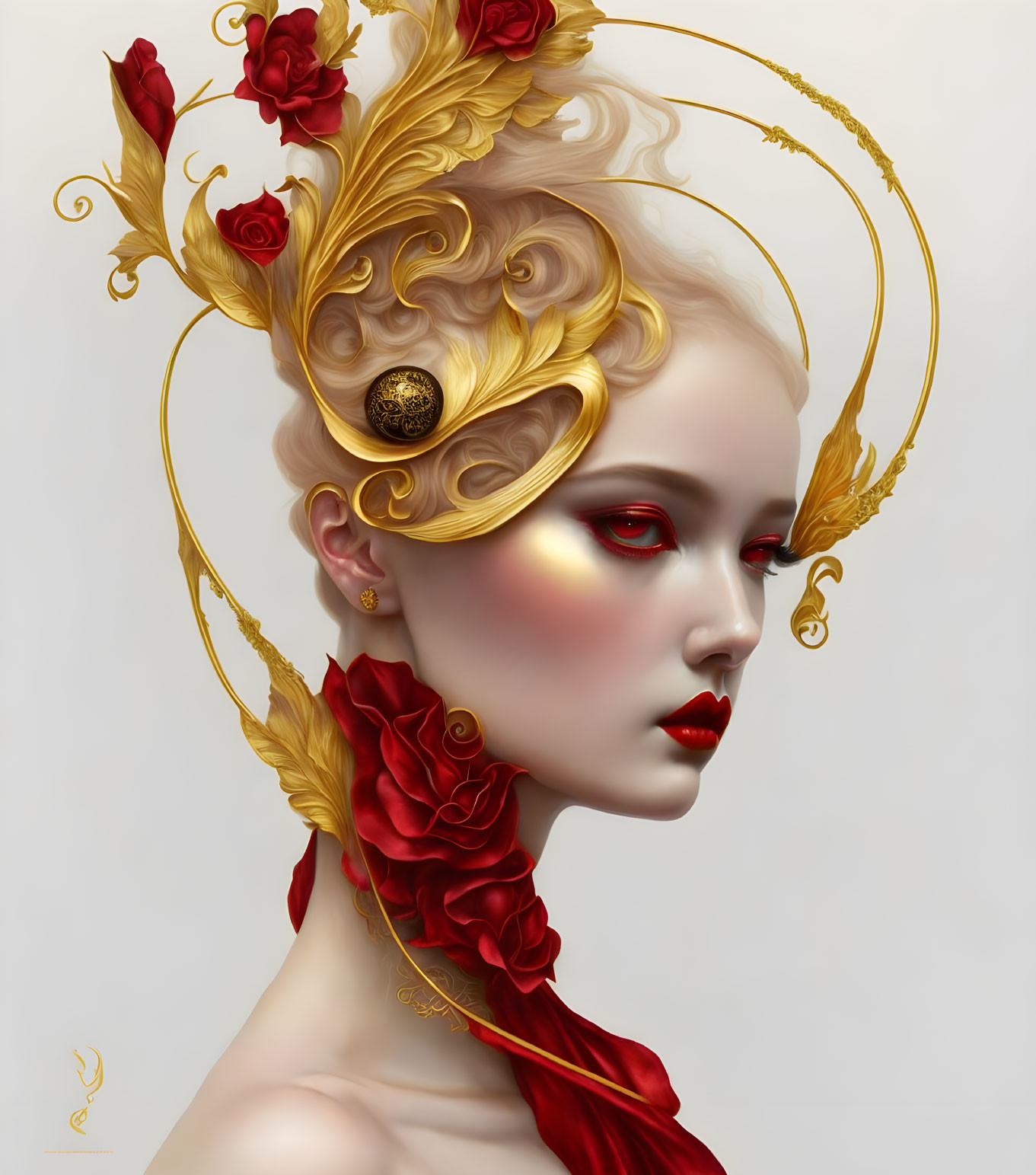 Golden-haired woman with red flowers and ornate headpiece on pale background