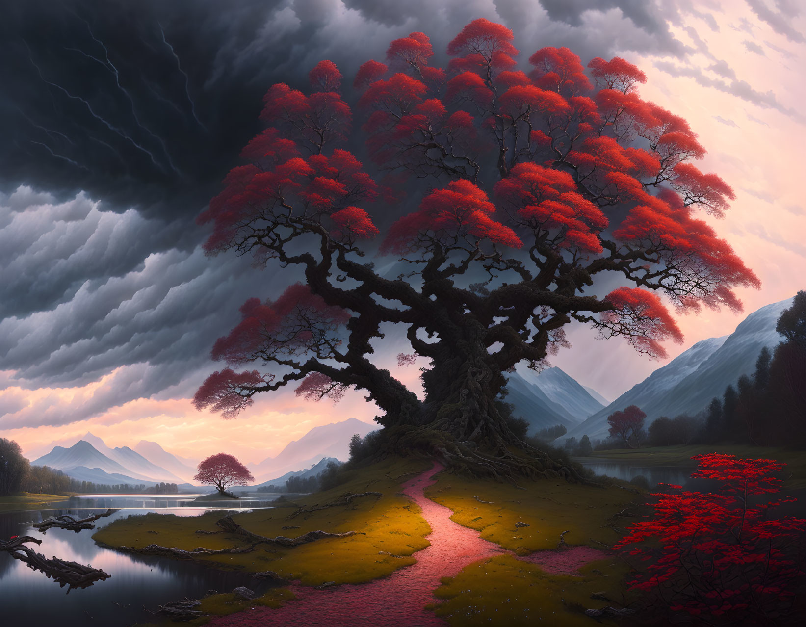 Majestic red tree at split path under stormy sky, mountains & river in background