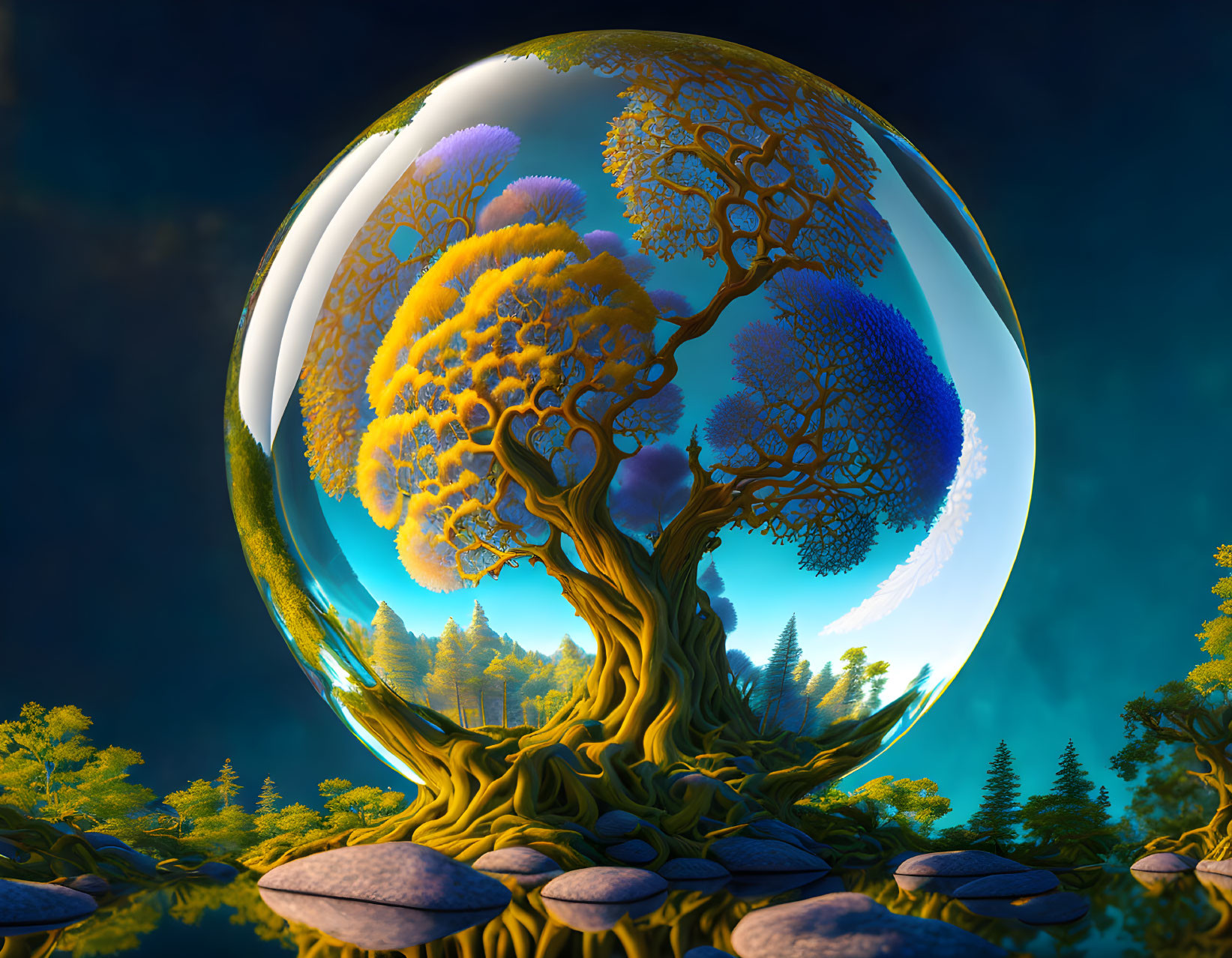 Vibrant sphere on otherworldly tree in twilight forest