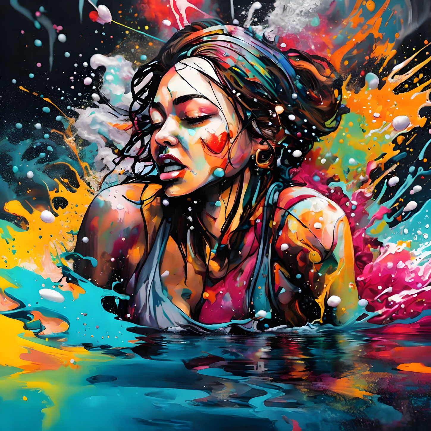 Colorful Artwork: Woman Partially Submerged, Surrounded by Splashes