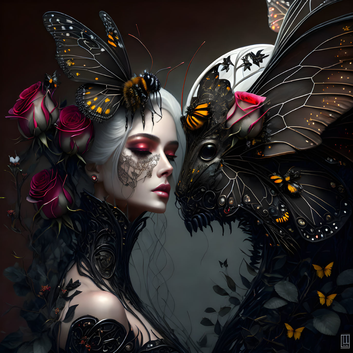 Surreal portrait of woman in dark attire with roses and butterflies merging with mystical mirrored creature