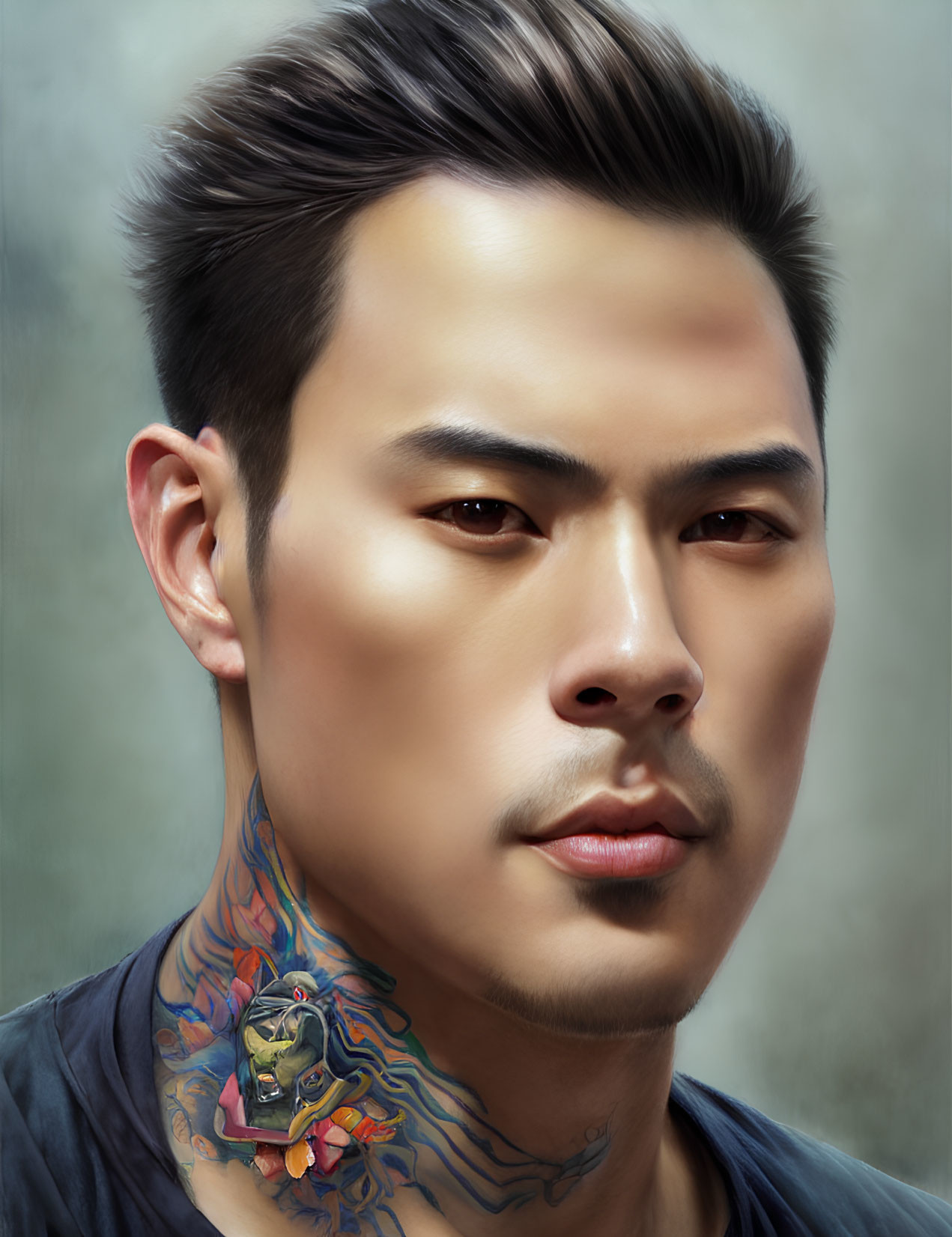 Colorful neck tattoo on man with styled hair in digital portrait