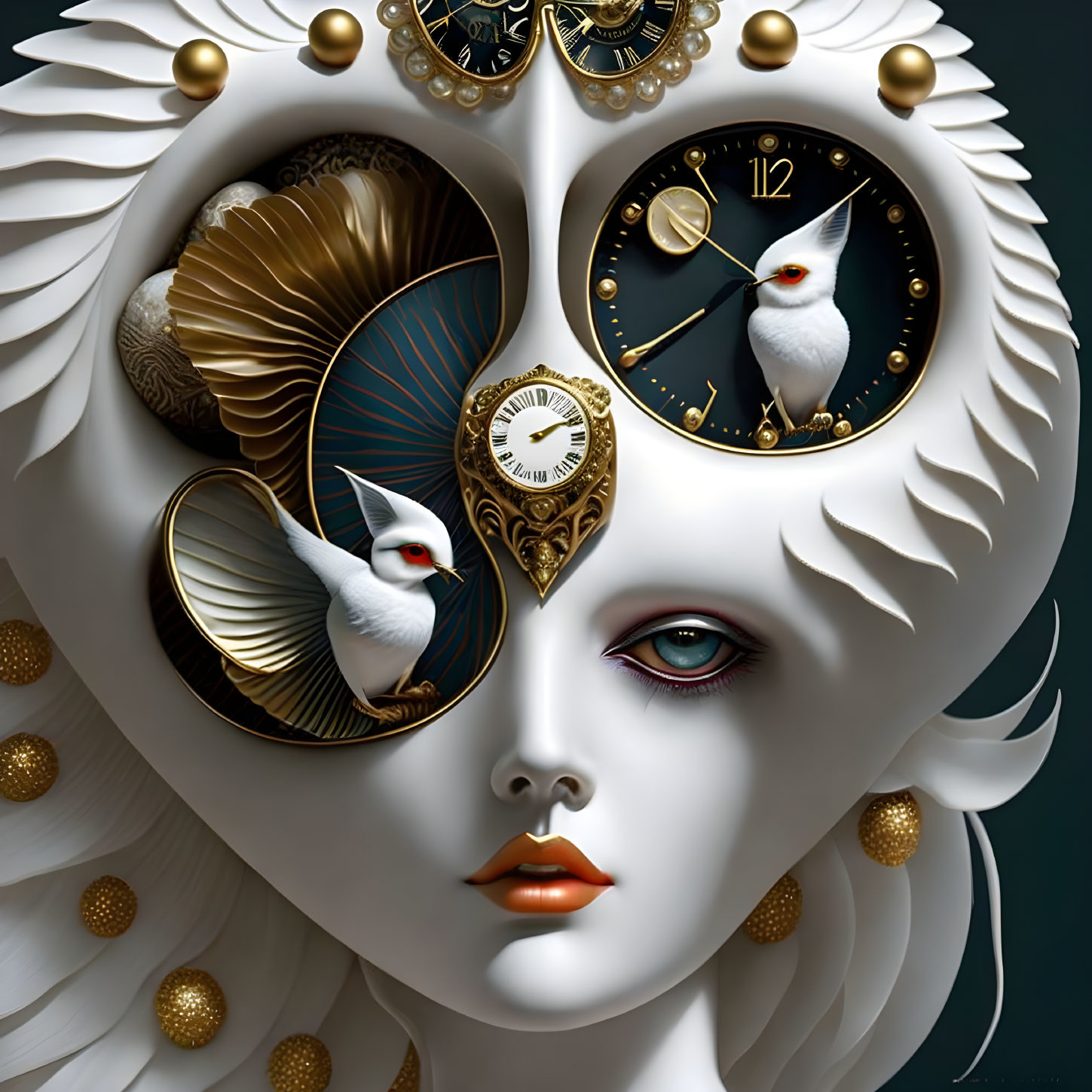 Surreal portrait blending woman's face with white owls, clocks, and gold elements