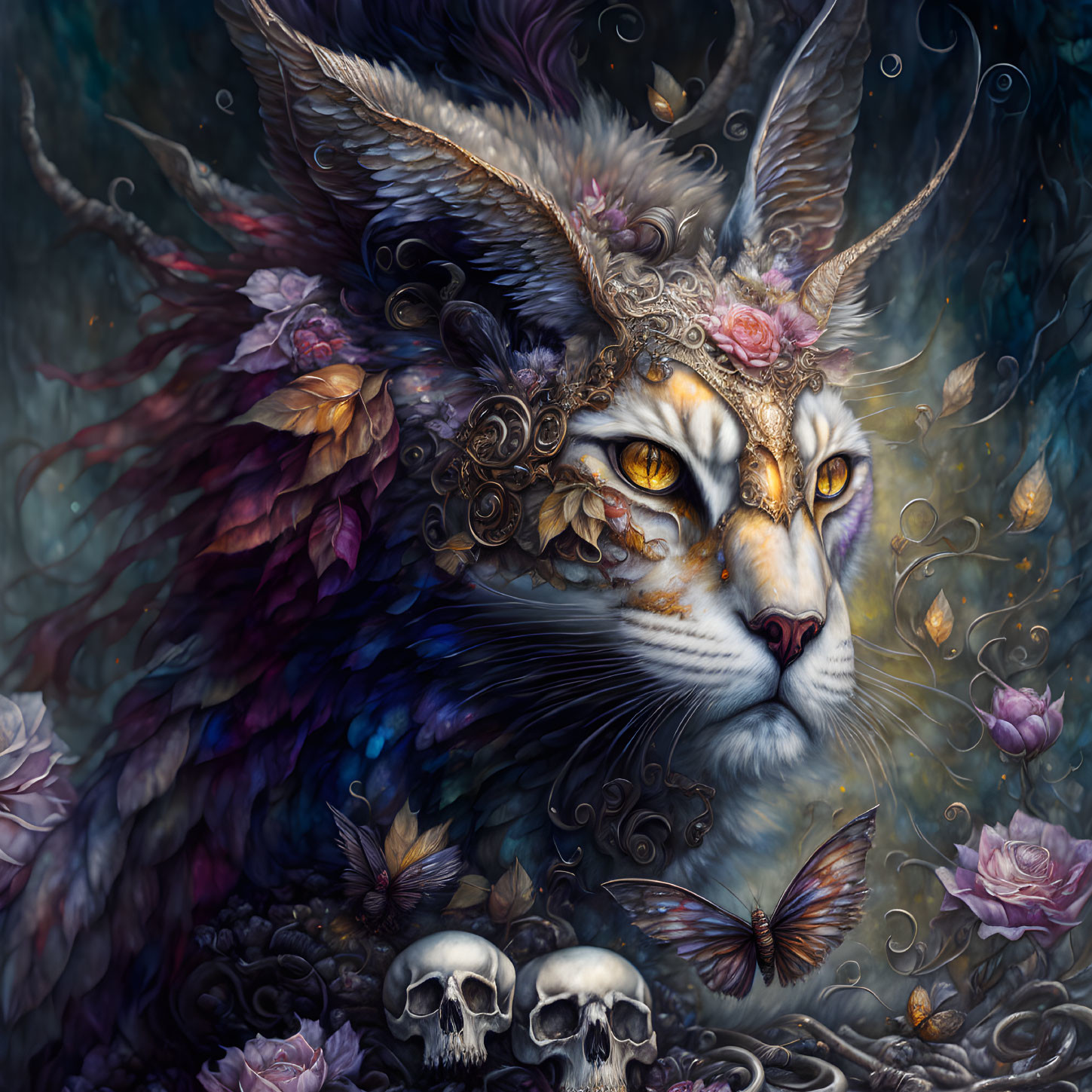 Mystical lynx with vibrant eyes and ornate headdress surrounded by butterflies