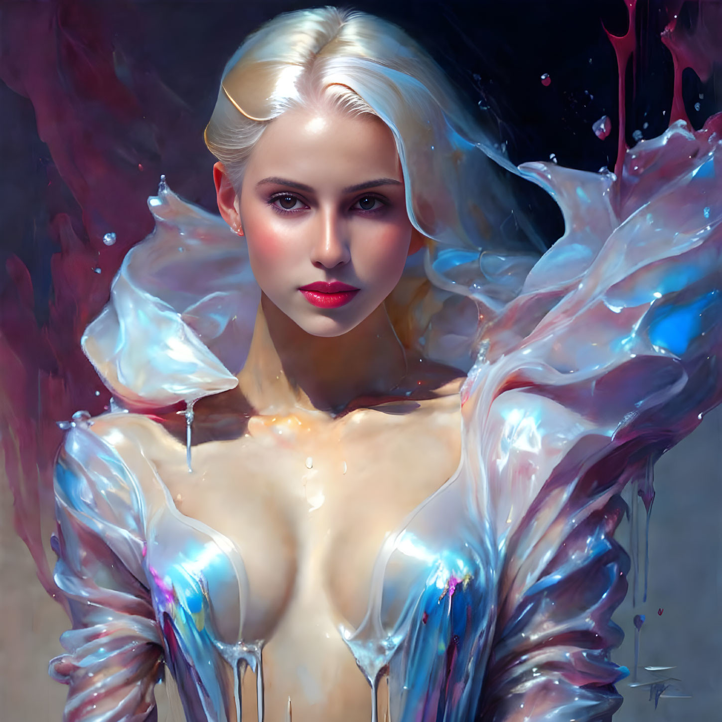 Digital Art Portrait: Woman with White Hair, Blue Eyes, Red Lips, and Iridescent Butterfly