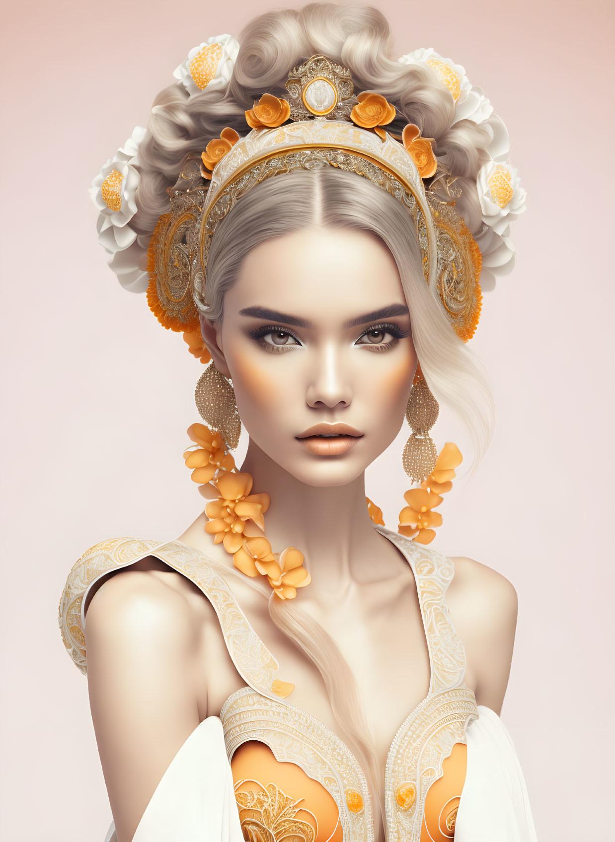 Detailed digital art of woman in regal attire with white and gold headdress and orange jewelry.