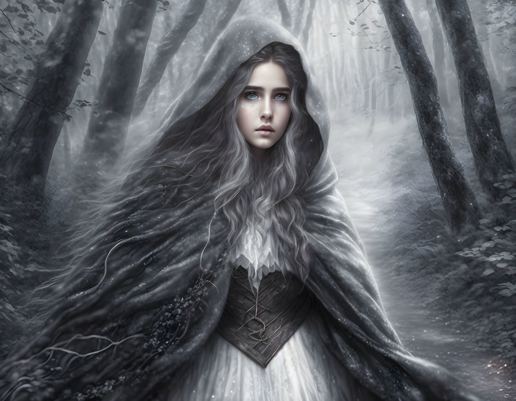 Pale-skinned woman in white fur mantle in misty forest