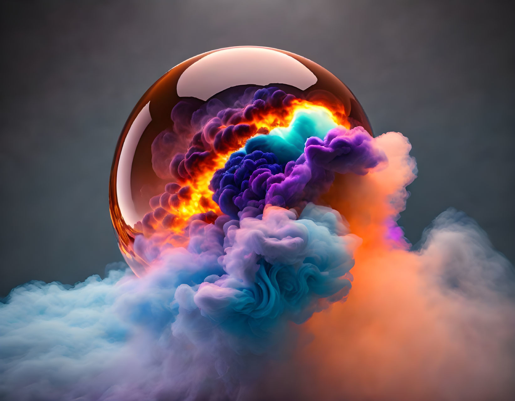 Colorful digital artwork: spherical object with fiery cloud on grey background